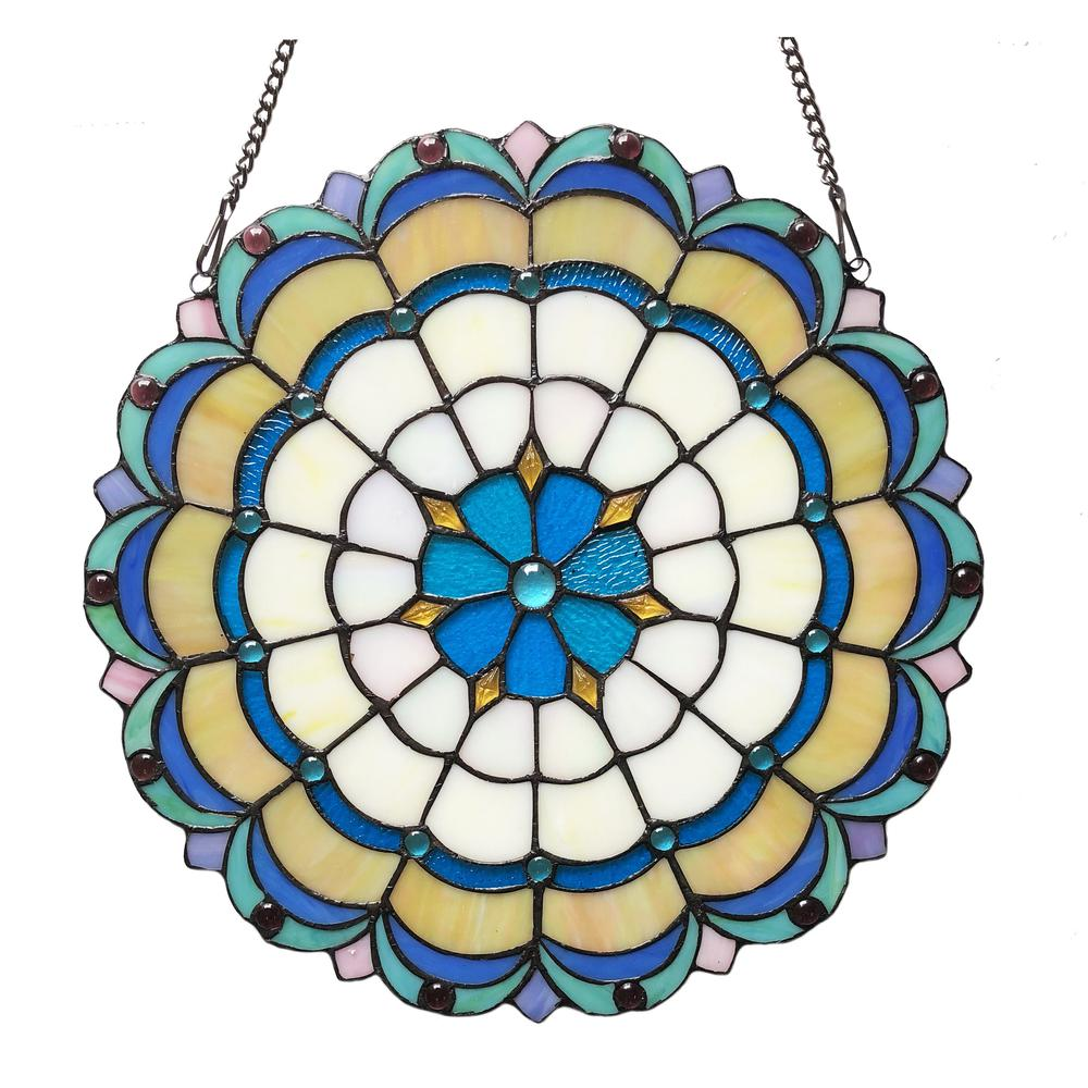 Blue & Yellow Victorian Tiffany-Style Stained Glass Panel - Navarrete Furniture