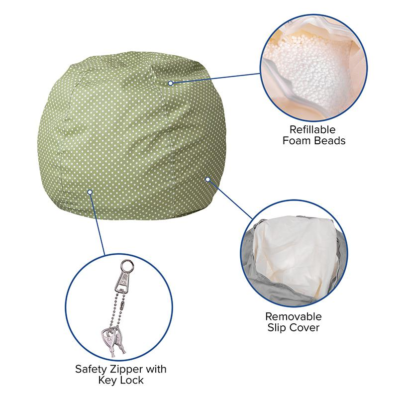Cozy Kids Bean Bag Chair - Green Cover, Refillable Beads, Machine Washable - Navarrete Furniture