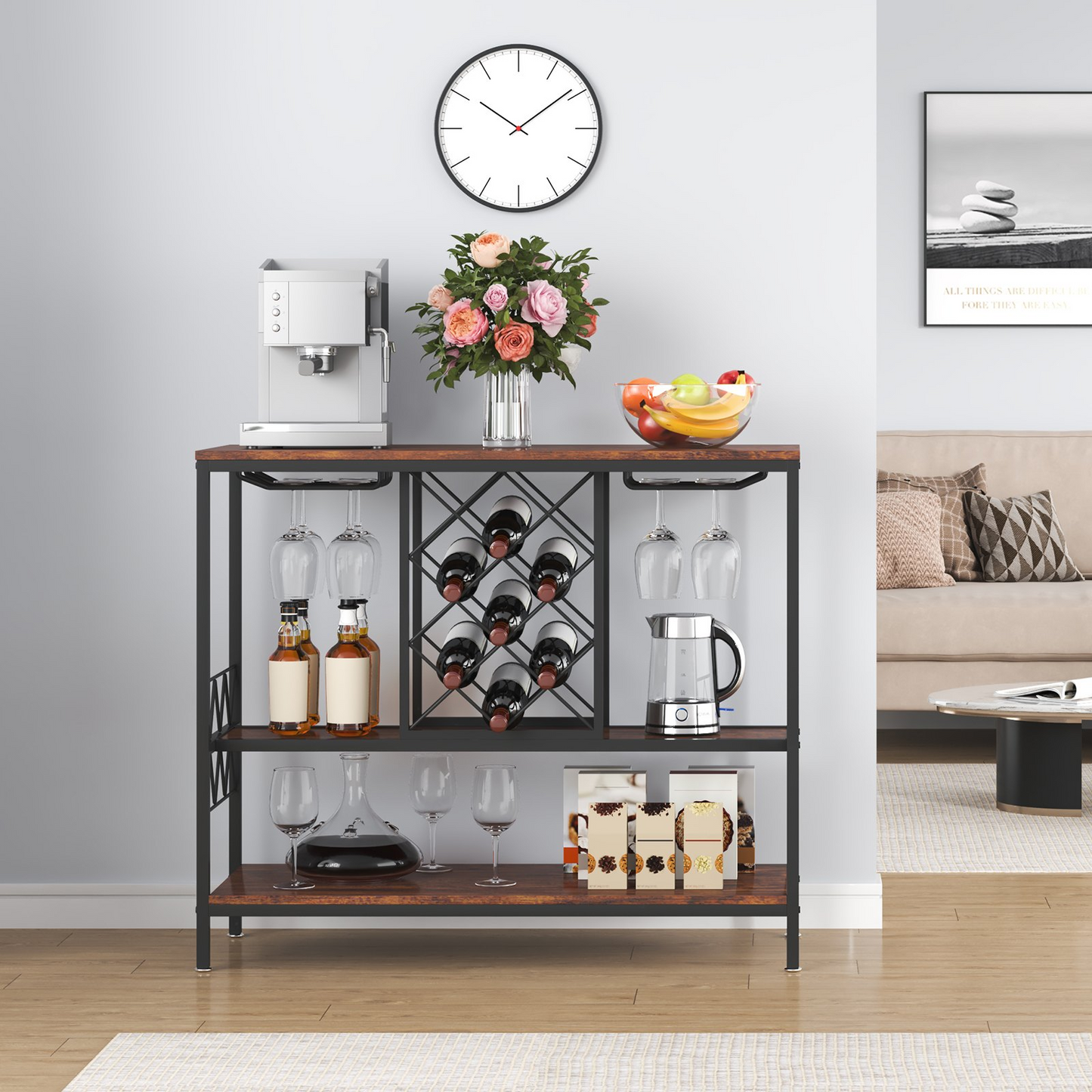 VEVOR Industrial Bar Cabinet Wine Bar Home Table with Wine Rack & Glass Holder - Navarrete Furniture