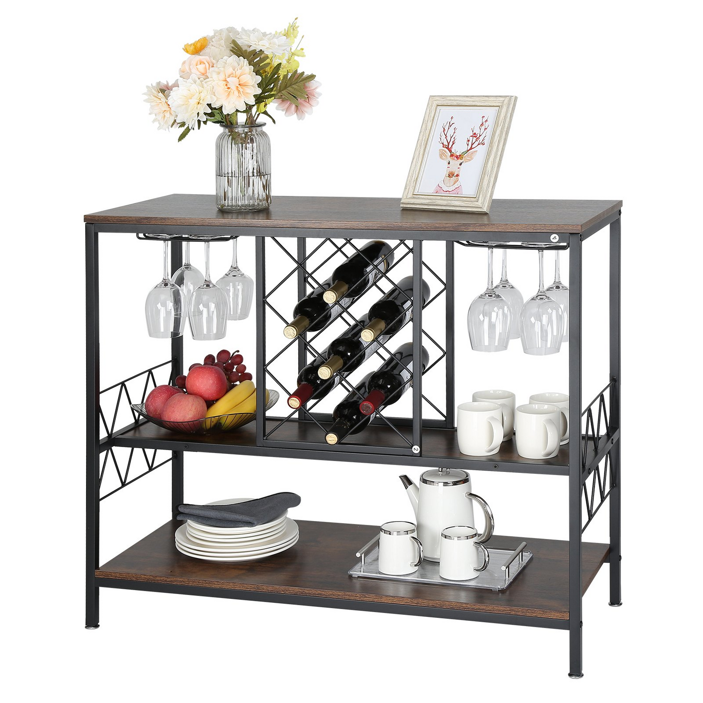VEVOR Industrial Bar Cabinet Wine Bar Home Table with Wine Rack & Glass Holder - Navarrete Furniture