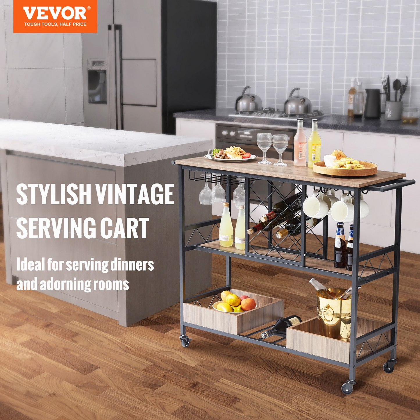 VEVOR 3-Tier Bar Serving Cart Rolling Trolley with Wine Grid Glass Holder 300LBS - Navarrete Furniture