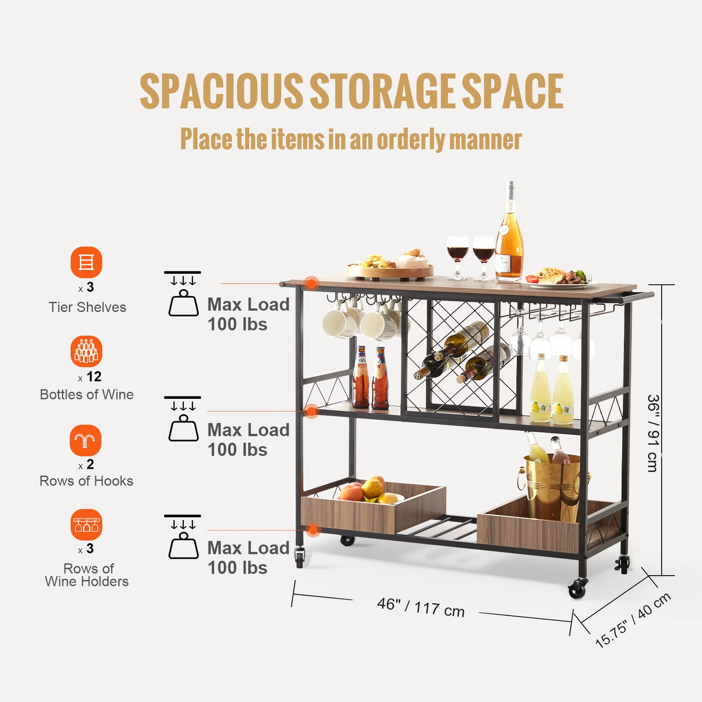 VEVOR 3-Tier Bar Serving Cart Rolling Trolley with Wine Grid Glass Holder 300LBS - Navarrete Furniture