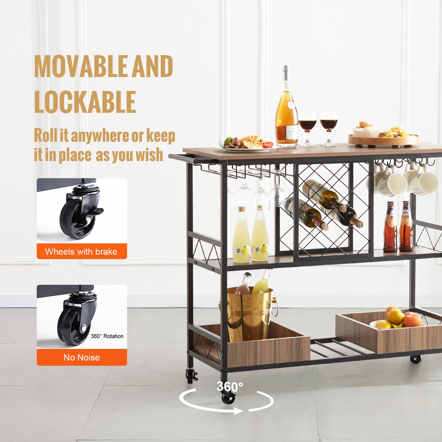 VEVOR 3-Tier Bar Serving Cart Rolling Trolley with Wine Grid Glass Holder 300LBS - Navarrete Furniture