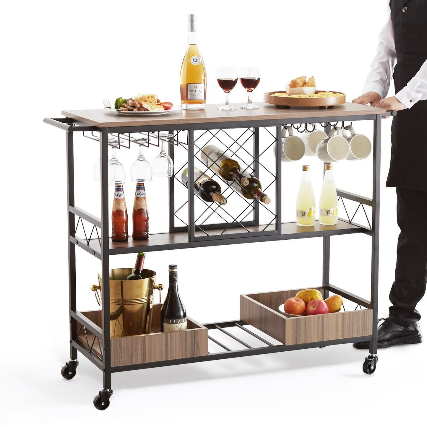 VEVOR 3-Tier Bar Serving Cart Rolling Trolley with Wine Grid Glass Holder 300LBS - Navarrete Furniture