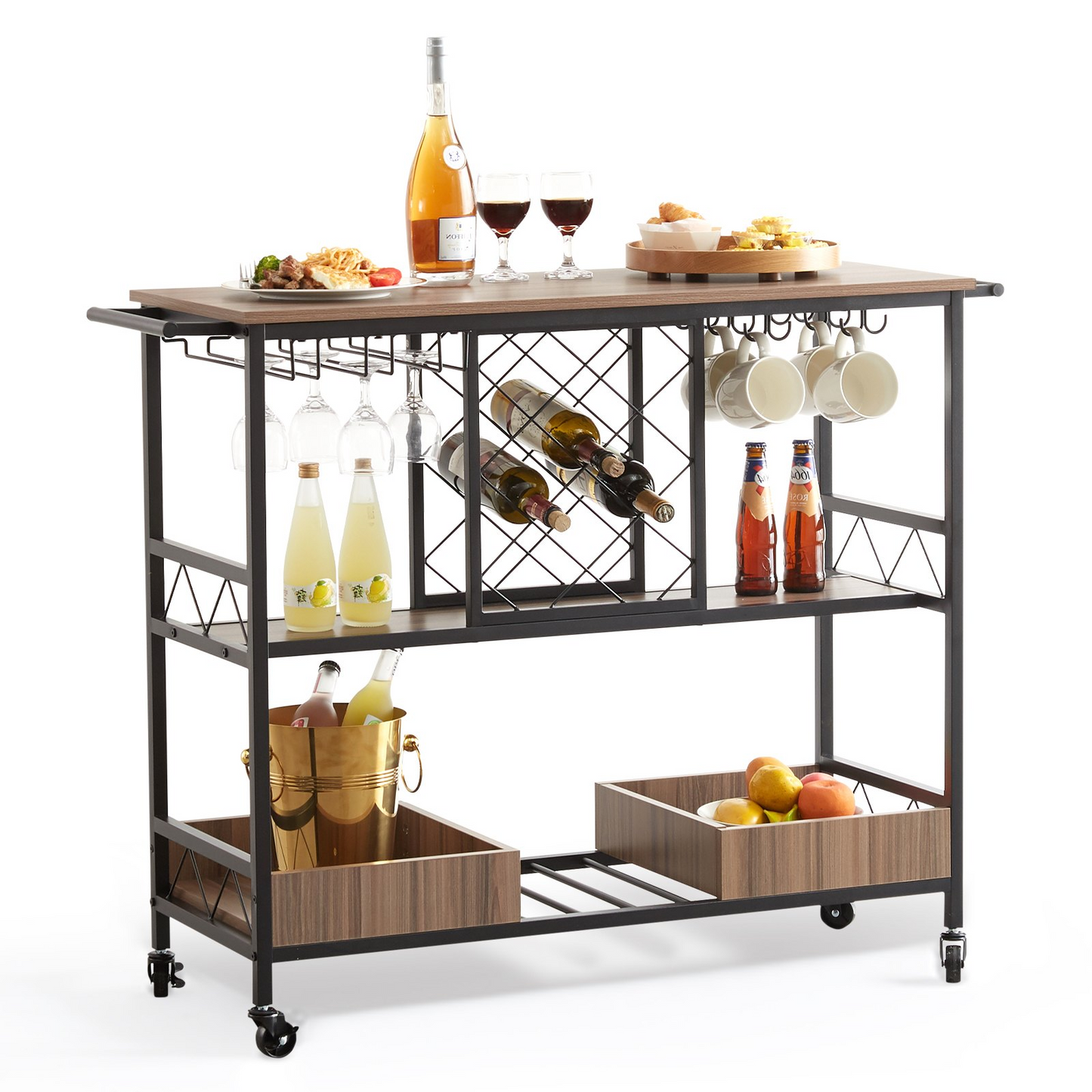 VEVOR 3-Tier Bar Serving Cart Rolling Trolley with Wine Grid Glass Holder 300LBS - Navarrete Furniture