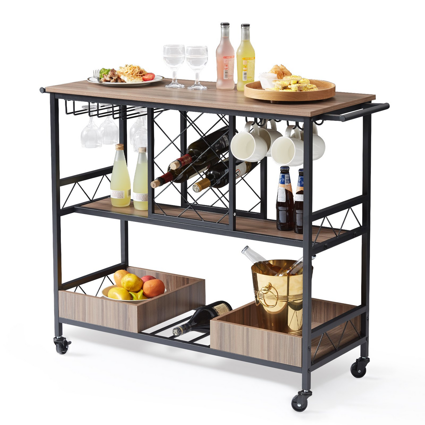 VEVOR 3-Tier Bar Serving Cart Rolling Trolley with Wine Grid Glass Holder 300LBS - Navarrete Furniture