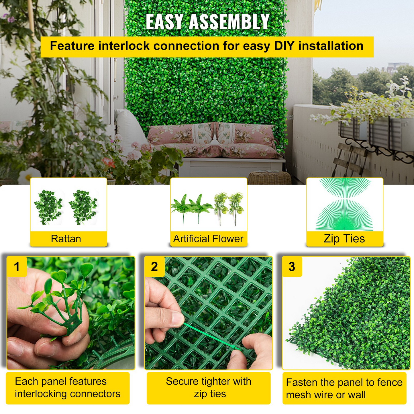 VEVOR Artificial Boxwood Panels, 16 PCS 20"x20" Boxwood Hedge Wall Panels, PE Artificial Grass Backdrop Wall 1.6", Privacy Hedge Screen for Decoration of Outdoor, Indoor, Garden, Fence, and Backyard - Navarrete Furniture