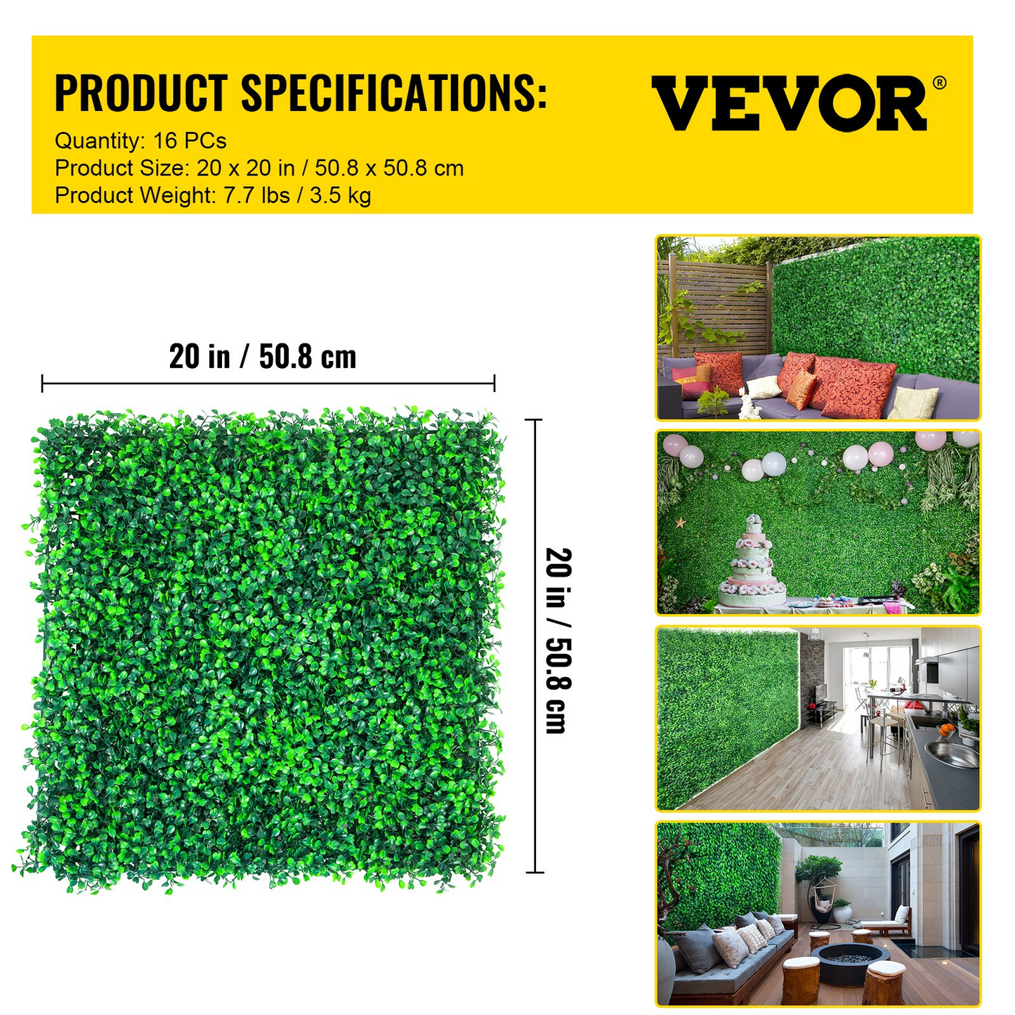 VEVOR Artificial Boxwood Panels, 16 PCS 20"x20" Boxwood Hedge Wall Panels, PE Artificial Grass Backdrop Wall 1.6", Privacy Hedge Screen for Decoration of Outdoor, Indoor, Garden, Fence, and Backyard - Navarrete Furniture