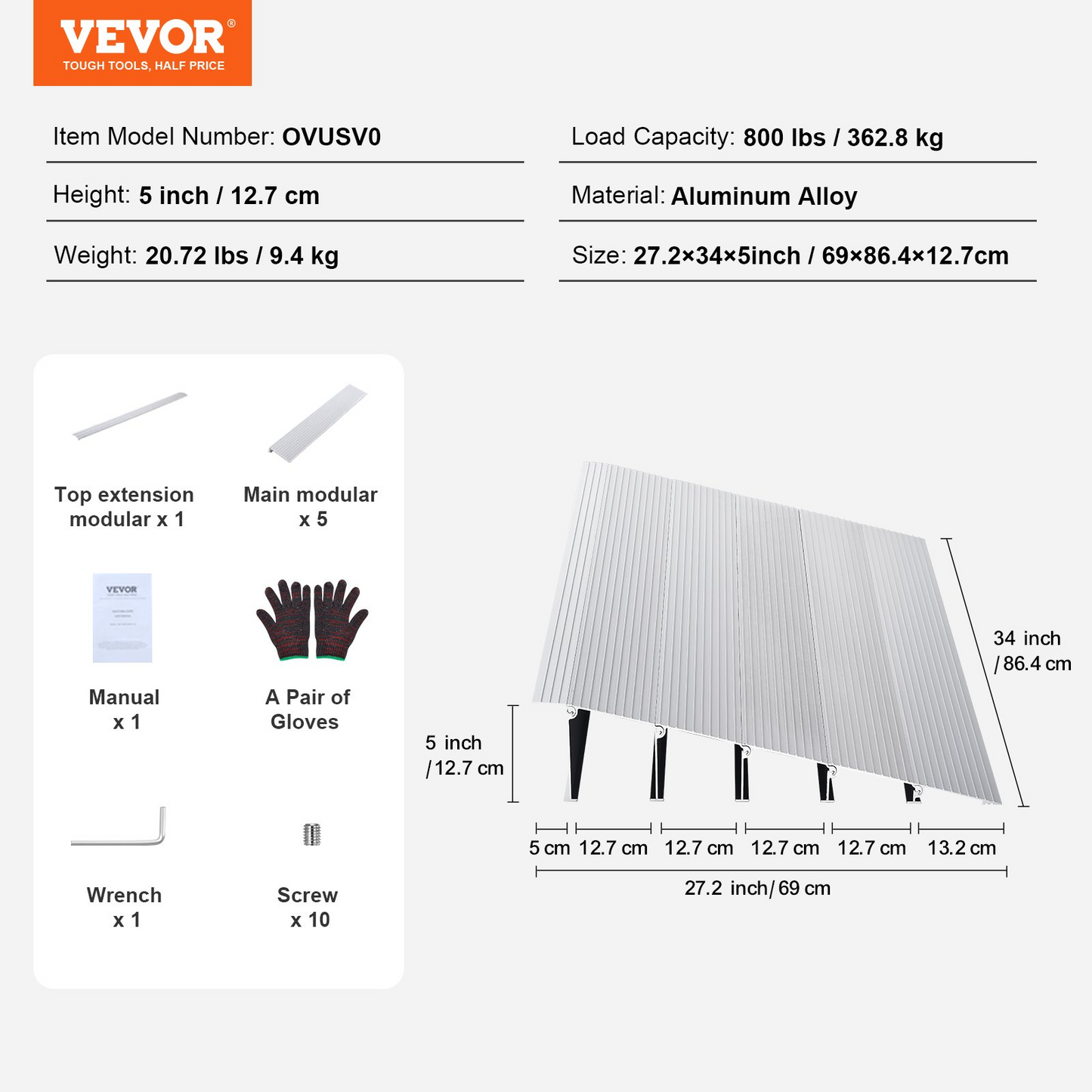 VEVOR Door Threshold Ramp, 5" Rise, 800 lbs Load Capacity, Door Ramp for Wheelchairs, Aluminum Threshold Ramp for Doorways, Adjustable Modular Threshold Ramp for Wheelchairs, Scooters, Power Chairs - Navarrete Furniture