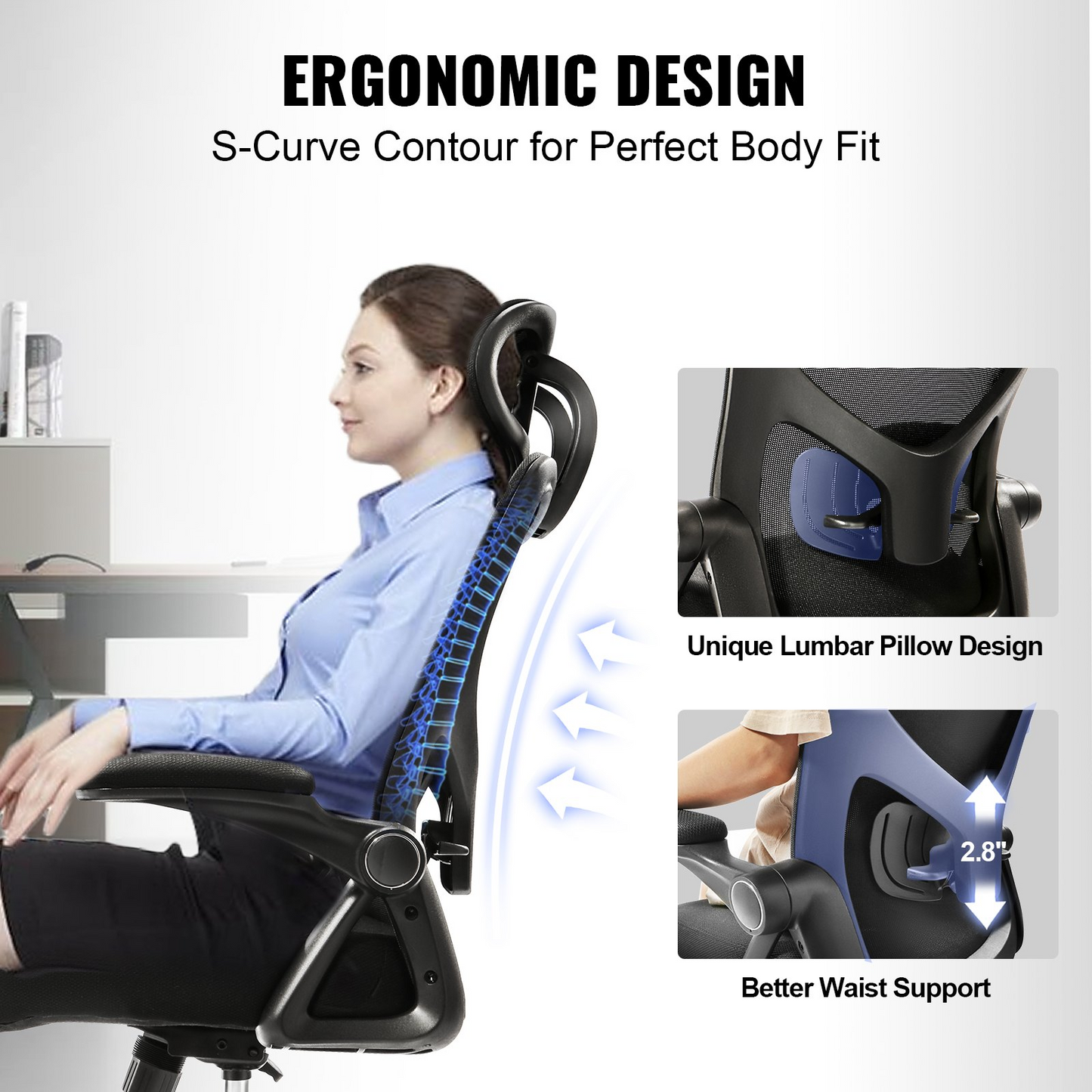 VEVOR Office Chair with Adjustable Lumbar Support, High Back Ergonomic Desk Chair with Adjustable Headrest, Ergonomic Office Chair Backrest with 2D Armrest, Computer Chair for Home, Office - Navarrete Furniture