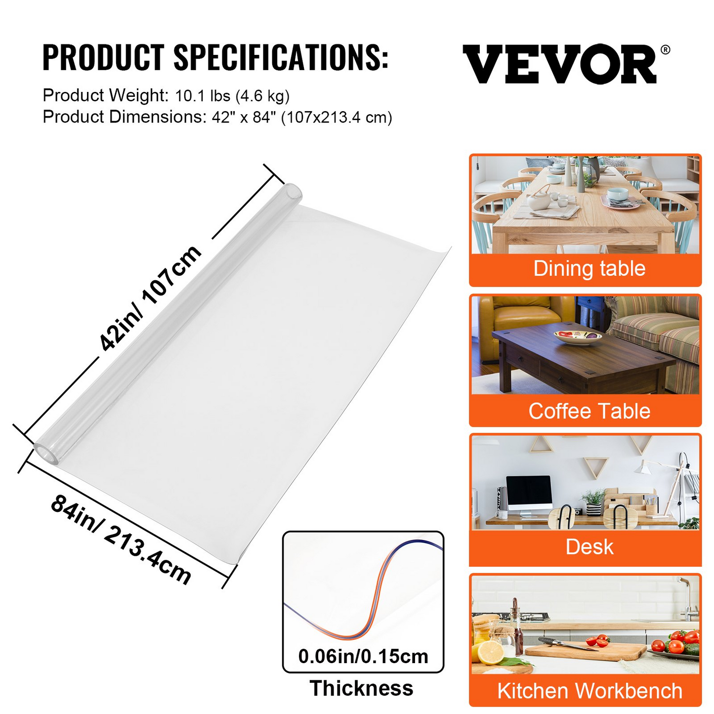 VEVOR 84 x 42 Inch Clear Table Cover Protector, 1.5mm Thick Clear Desk Protector Table Pads, Plastic Tablecloth Table Protector for Dining Room Table - Navarrete Furniture