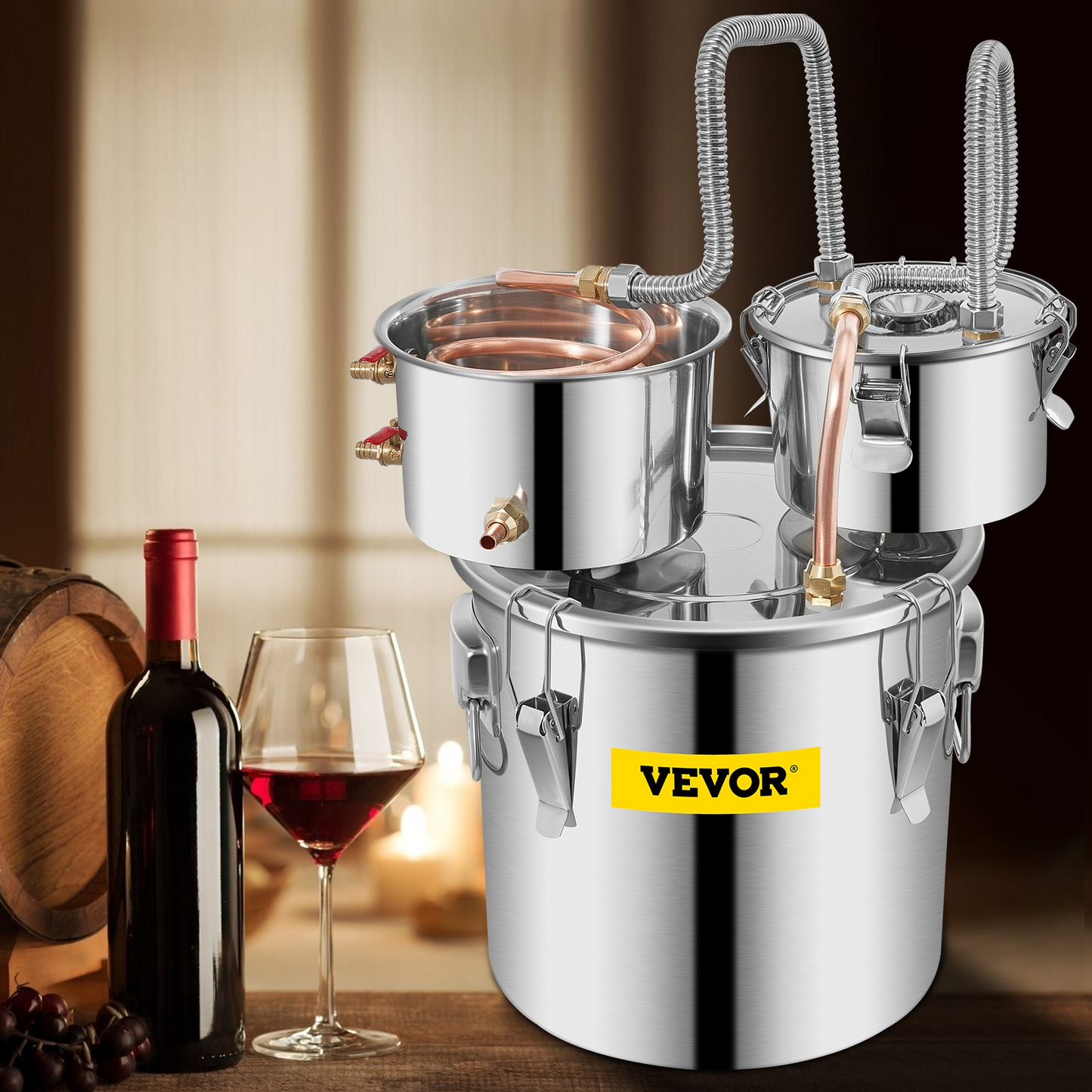 VEVOR Alcohol Still, 3 Gallon, Stainless Steel Alcohol Distiller with Copper Tube & Build-in Thermometer & Water Pump, Double Thumper Keg Home Brewing Kit, for DIY Whiskey Wine Brandy - Navarrete Furniture