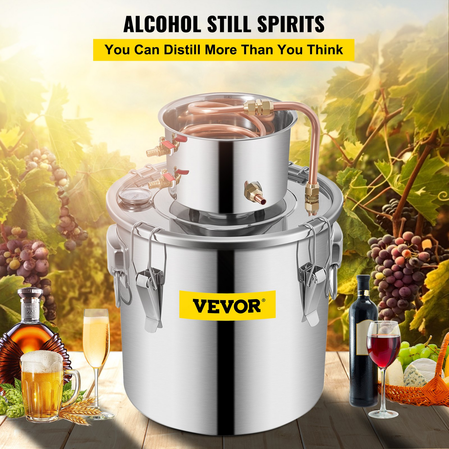 VEVOR Alcohol Still 8Gal 30L Stainless Steel Water Alcohol Distiller Copper Tube Home Brewing Kit Build-in Thermometer for DIY Whisky Wine Brandy - Navarrete Furniture