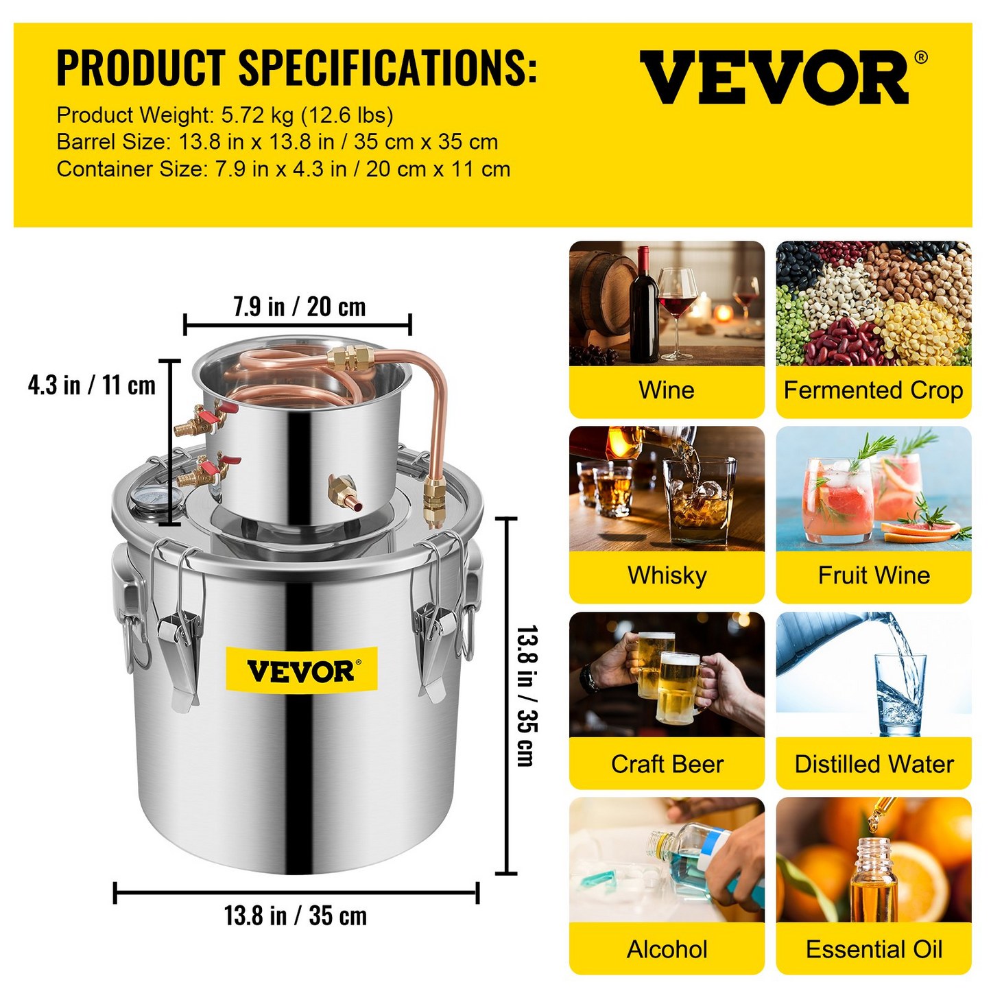 VEVOR Alcohol Still 8Gal 30L Stainless Steel Water Alcohol Distiller Copper Tube Home Brewing Kit Build-in Thermometer for DIY Whisky Wine Brandy - Navarrete Furniture