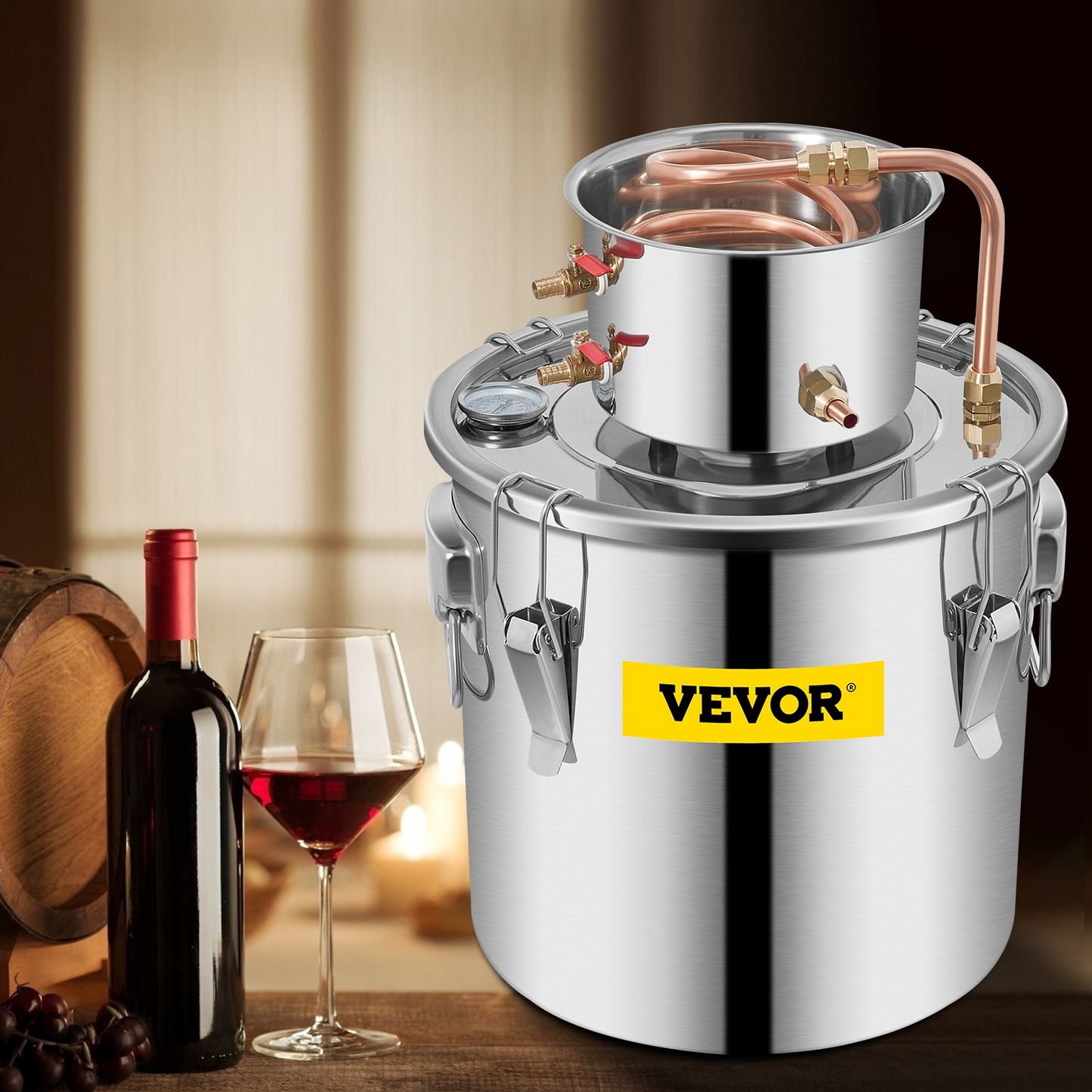 VEVOR Alcohol Still 8Gal 30L Stainless Steel Water Alcohol Distiller Copper Tube Home Brewing Kit Build-in Thermometer for DIY Whisky Wine Brandy - Navarrete Furniture
