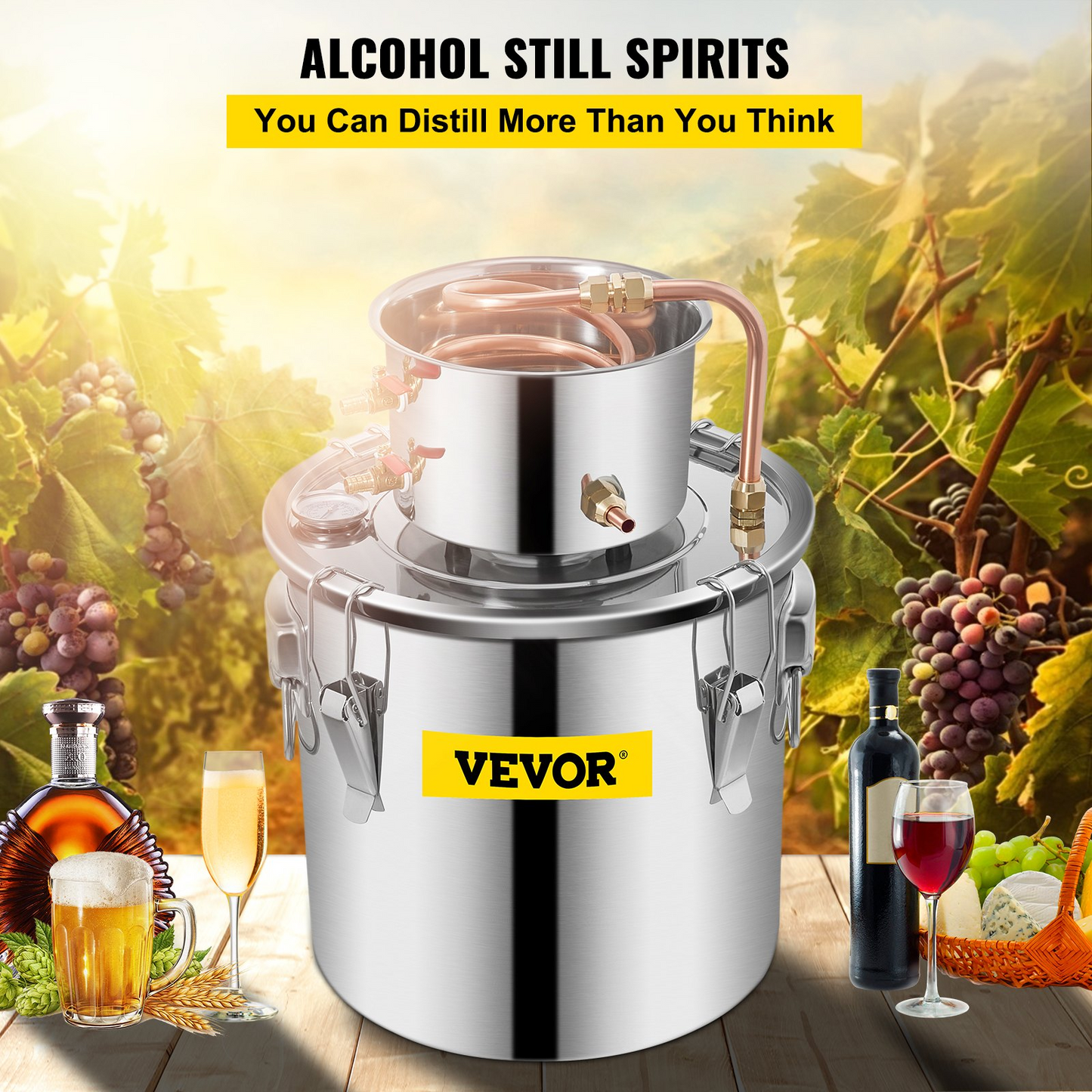 VEVOR Alcohol Still 5 Gal 21L Stainless Steel Water Alcohol Distiller Copper Tube Home Brewing Kit Build-in Thermometer for DIY Whisky Wine Brandy - Navarrete Furniture