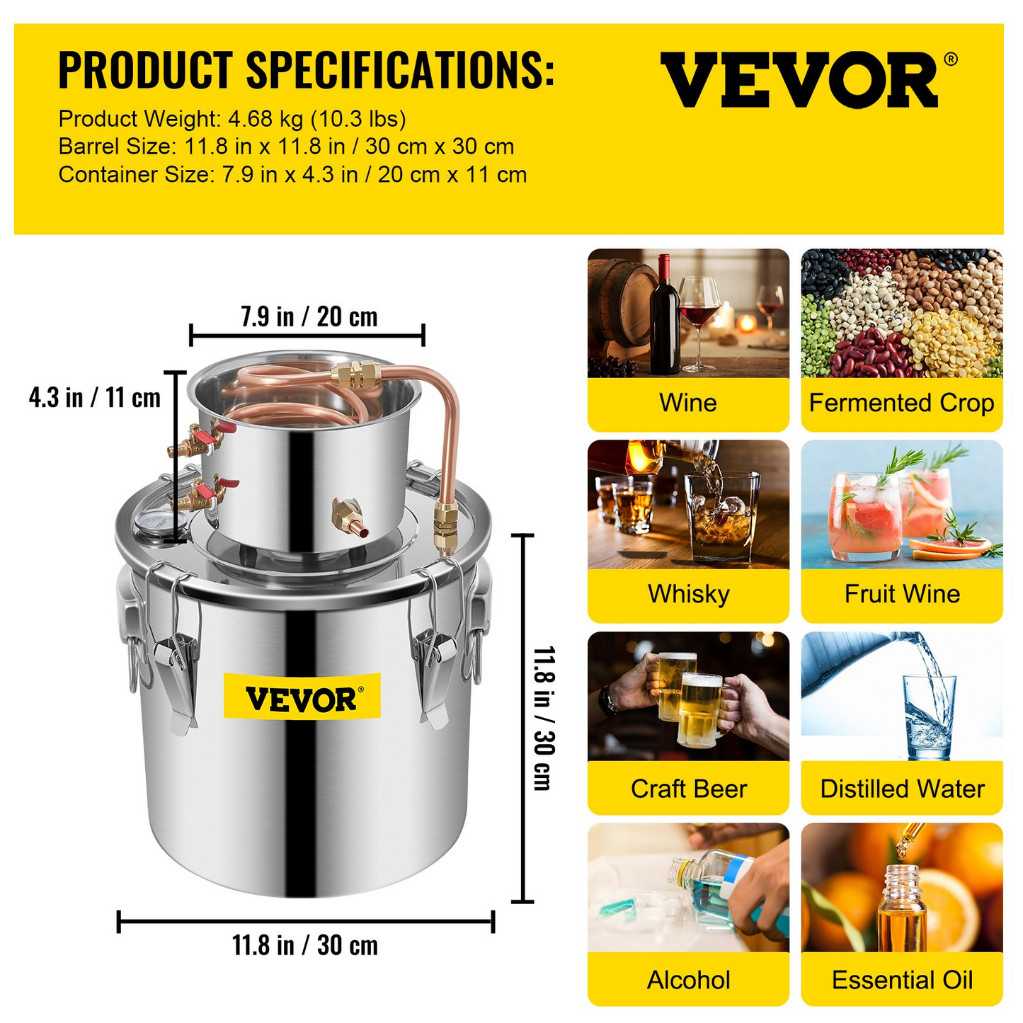 VEVOR Alcohol Still 5 Gal 21L Stainless Steel Water Alcohol Distiller Copper Tube Home Brewing Kit Build-in Thermometer for DIY Whisky Wine Brandy - Navarrete Furniture