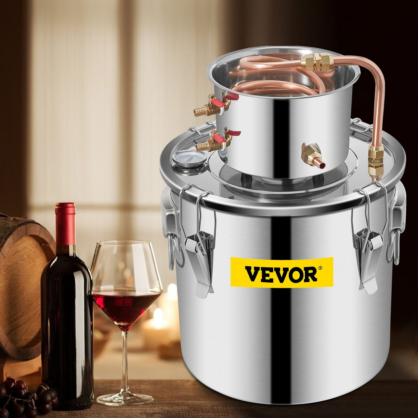 VEVOR Alcohol Still 5 Gal 21L Stainless Steel Water Alcohol Distiller Copper Tube Home Brewing Kit Build-in Thermometer for DIY Whisky Wine Brandy - Navarrete Furniture