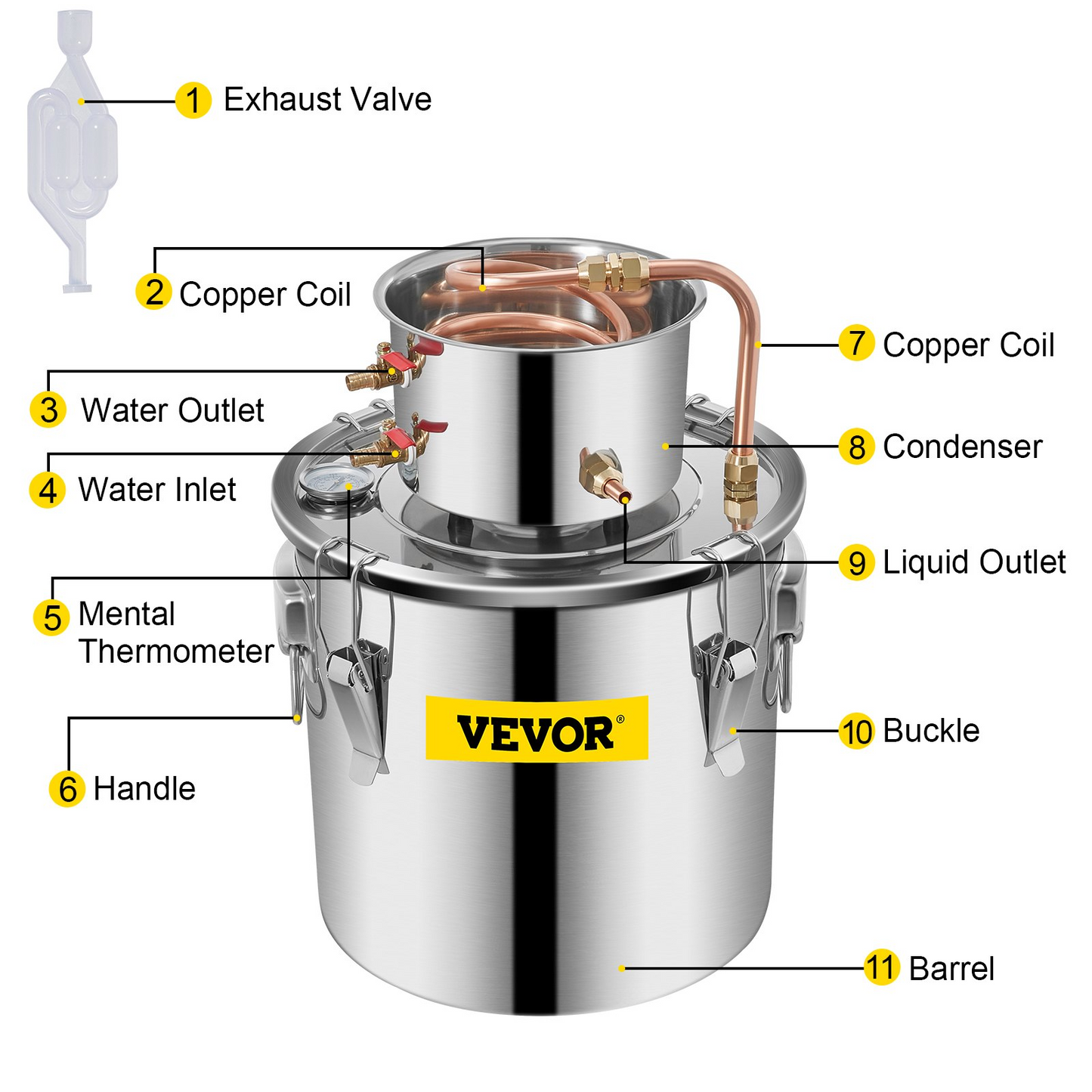 VEVOR Alcohol Still 5 Gal 21L Stainless Steel Water Alcohol Distiller Copper Tube Home Brewing Kit Build-in Thermometer for DIY Whisky Wine Brandy - Navarrete Furniture