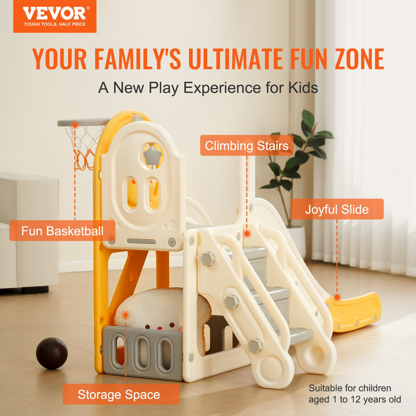 VEVOR Toddler Slide, Kid Slide for Toddlers Age 1-3 w/Climbable Ladders & Basketball Hoop & Storage Space, Indoor Outdoor Slide Playset for Kids Within 110lbs, Toddler Playground w/Raised Handrail - Navarrete Furniture