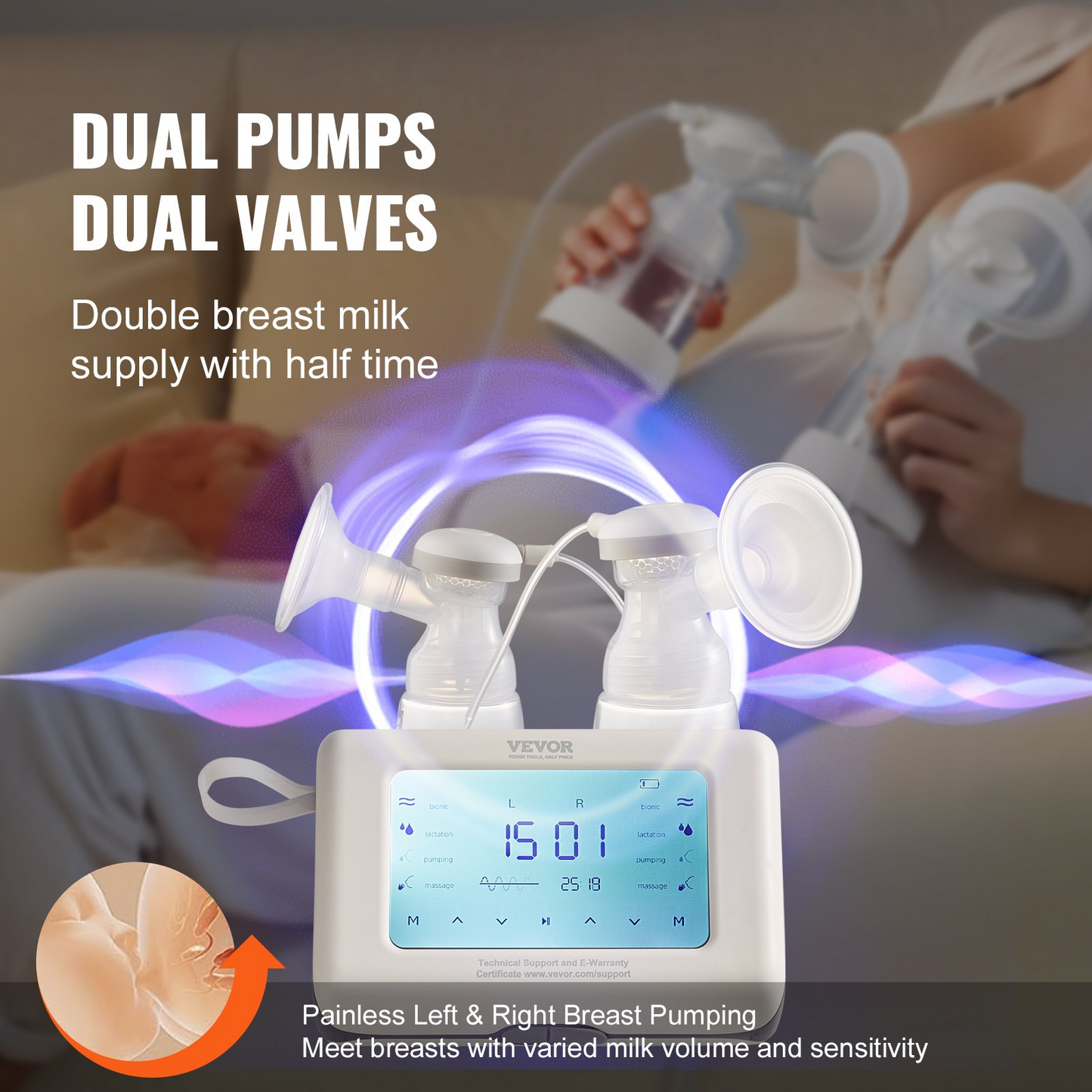 VEVOR Breast Pump, Single/Double Adjustable Electric Breast Pumps, 4 Modes & 9/15 Levels, Reciprocating Piston Pumps, 4000mAH Anti-Backflow Breastfeeding Pump with 300mmHg High Suction, 18/22mm Flange - Navarrete Furniture