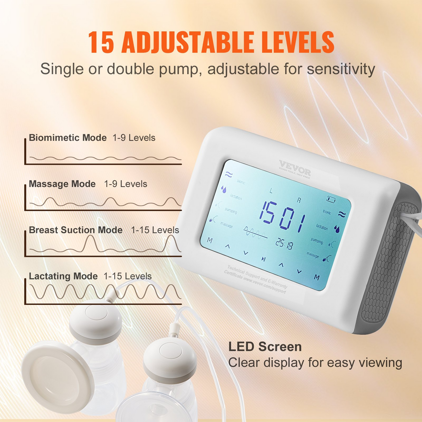 VEVOR Breast Pump, Single/Double Adjustable Electric Breast Pumps, 4 Modes & 9/15 Levels, Reciprocating Piston Pumps, 4000mAH Anti-Backflow Breastfeeding Pump with 300mmHg High Suction, 18/22mm Flange - Navarrete Furniture
