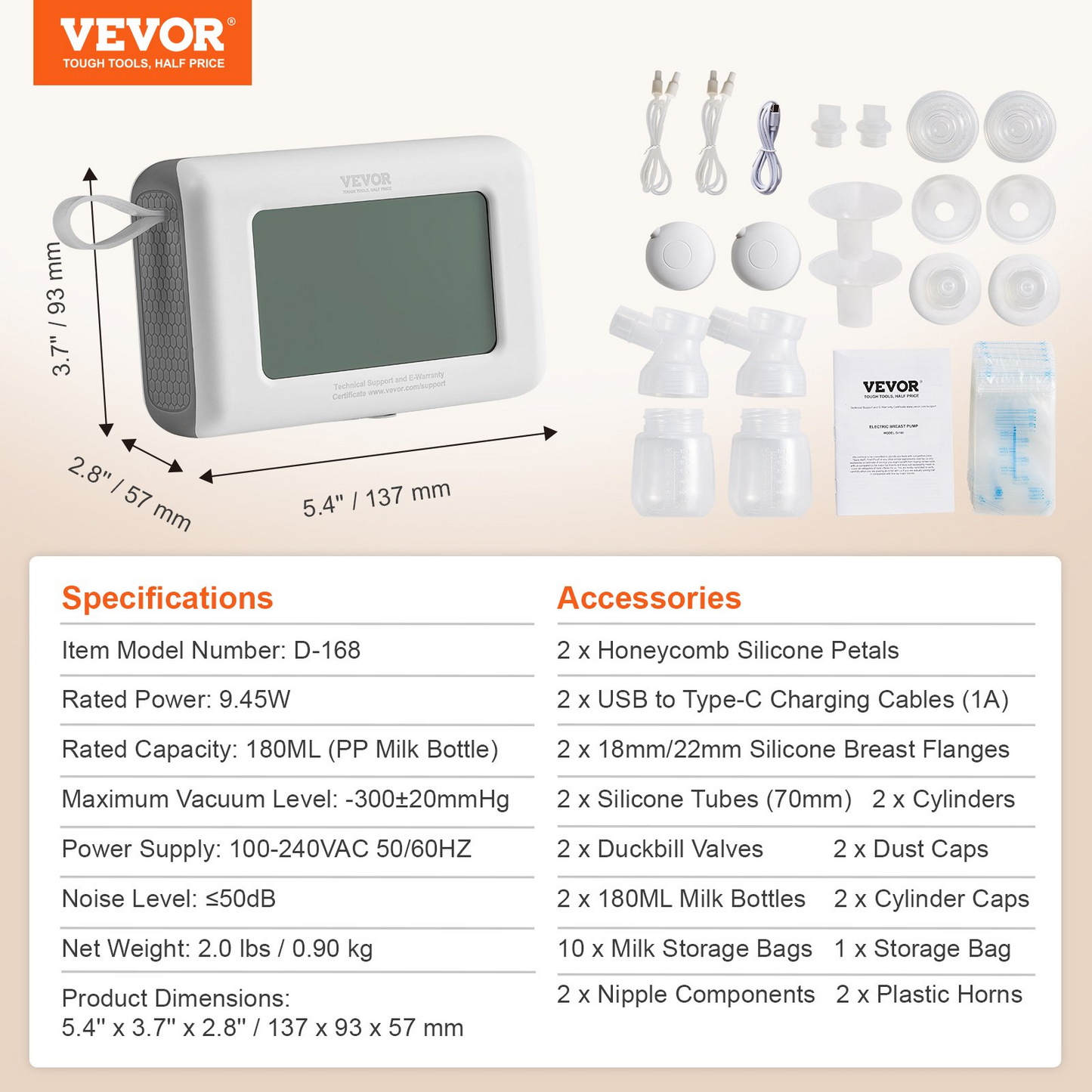 VEVOR Breast Pump, Single/Double Adjustable Electric Breast Pumps, 4 Modes & 9/15 Levels, Reciprocating Piston Pumps, 4000mAH Anti-Backflow Breastfeeding Pump with 300mmHg High Suction, 18/22mm Flange - Navarrete Furniture