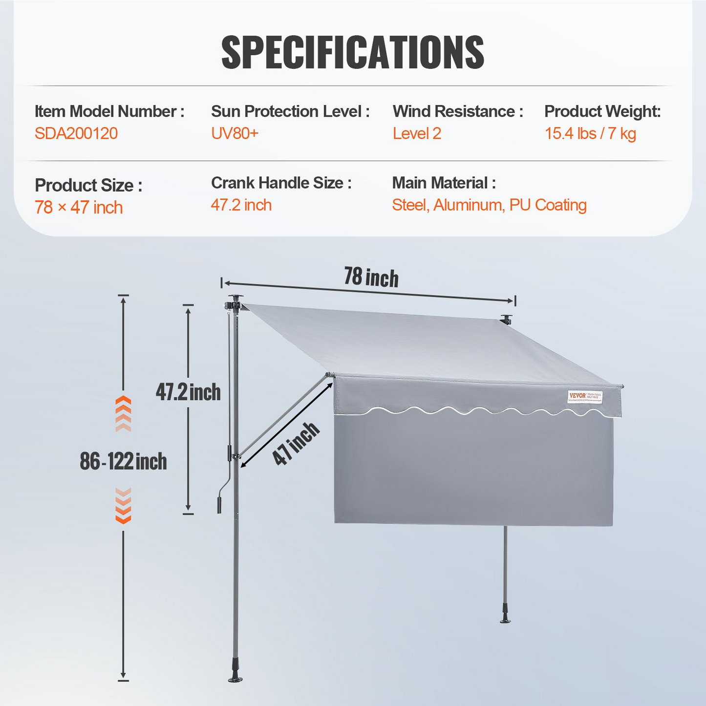VEVOR 78" Manual Retractable Awning with 39" Sun Shade Curtain - Navarrete Furniture