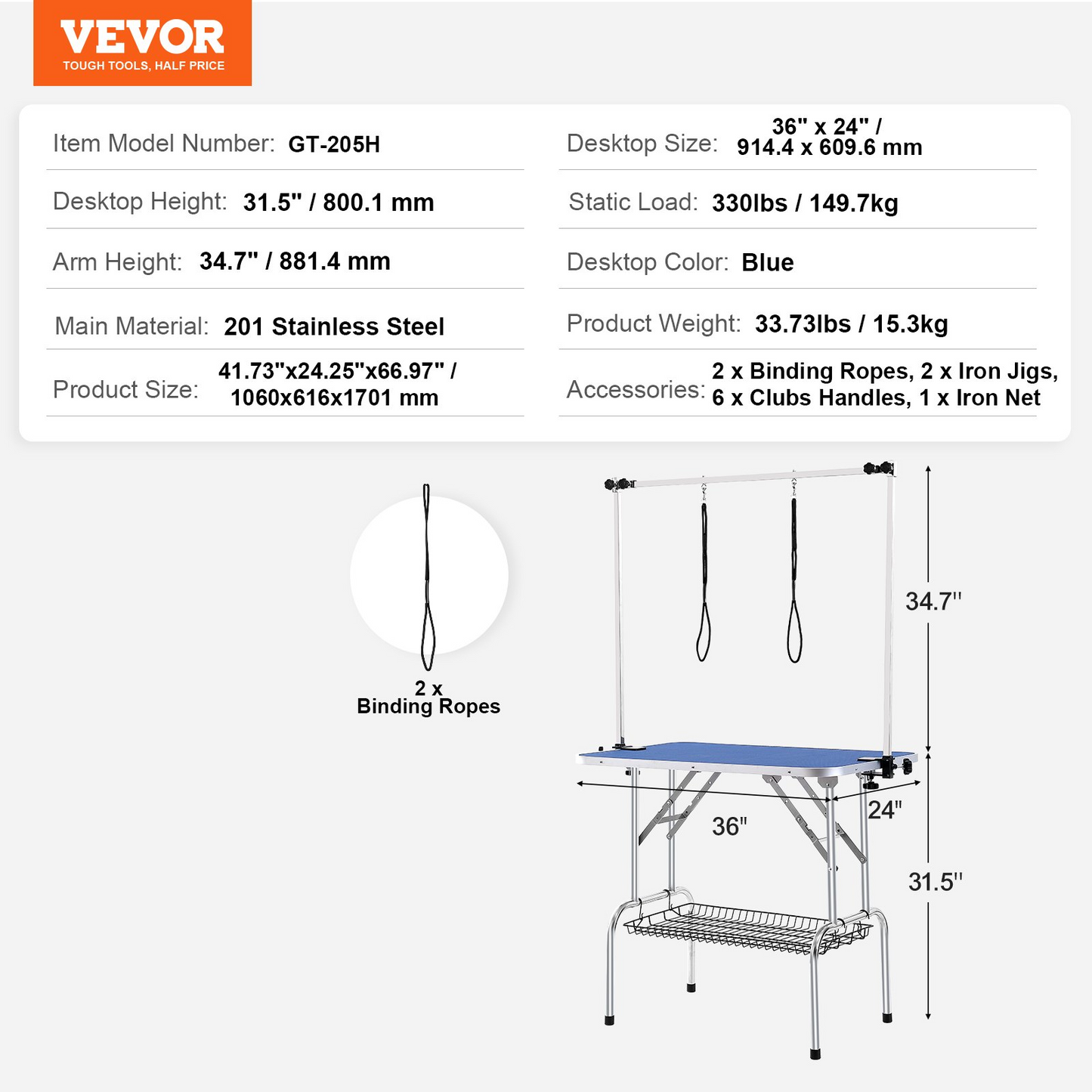 VEVOR Pet Grooming Table Two Arms with Clamp, 36''x24'' Dog Grooming Station, Foldable Pets Grooming Stand for Medium and Small Dogs, Free No Sit Haunch Holder with Grooming Loop, Bearing 330lbs - Navarrete Furniture