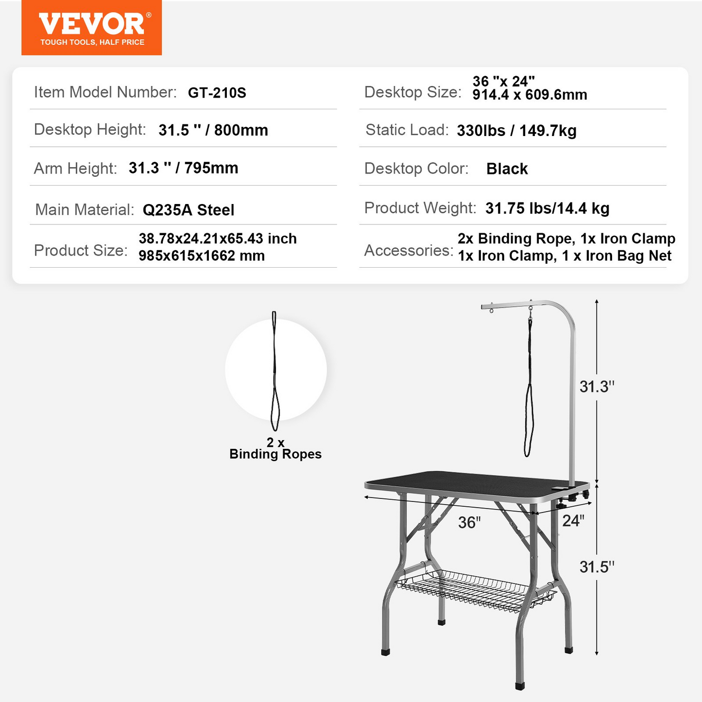 VEVOR Pet Grooming Table Arm with Clamp, 36''x24'' Dog Grooming Station, Foldable Pets Grooming Stand for Medium and Small Dogs, Free No Sit Haunch Holder with Grooming Loop, Bearing 330lbs - Navarrete Furniture