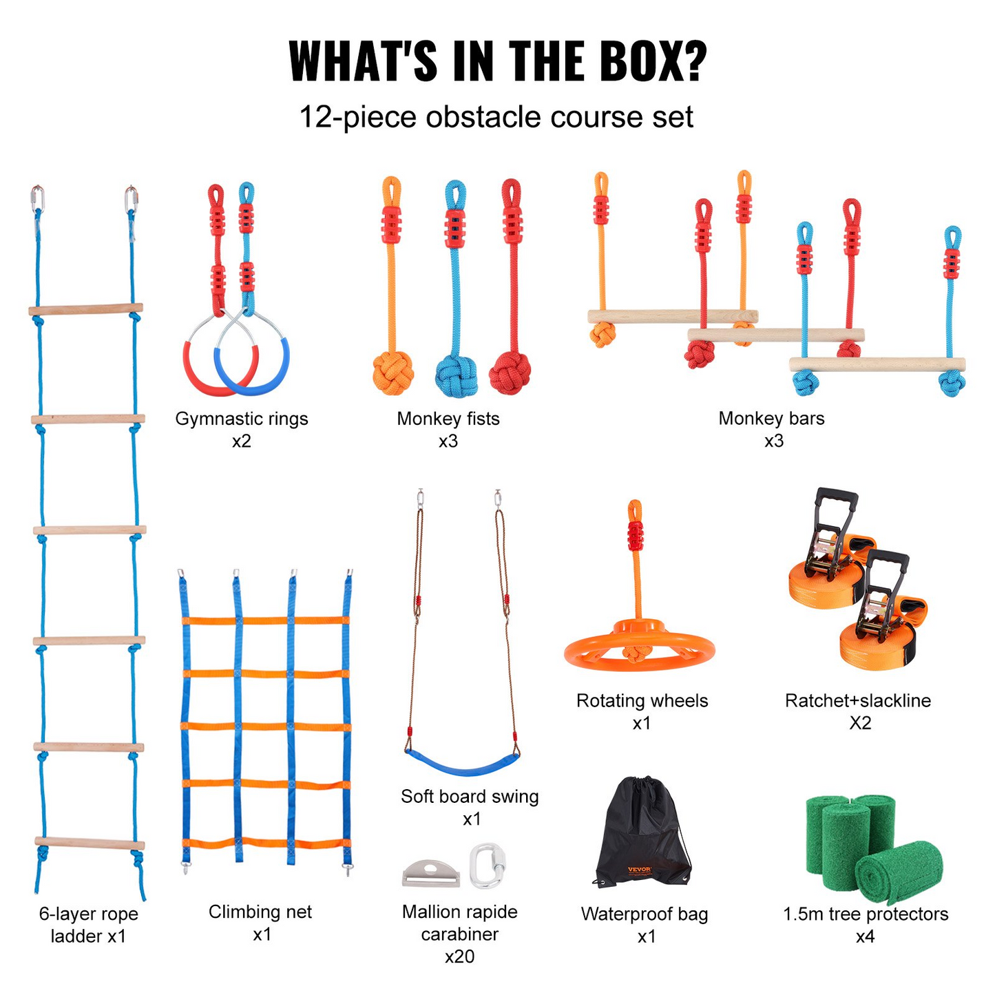 VEVOR Ninja Warrior Obstacle Course for Kids, 2 x 56 ft Weatherproof Slacklines, 500lbs Weight Capacity Monkey Line, Outdoor Playset Equipment, Backyard Toys Training Equipment Set with 12 Obstacles