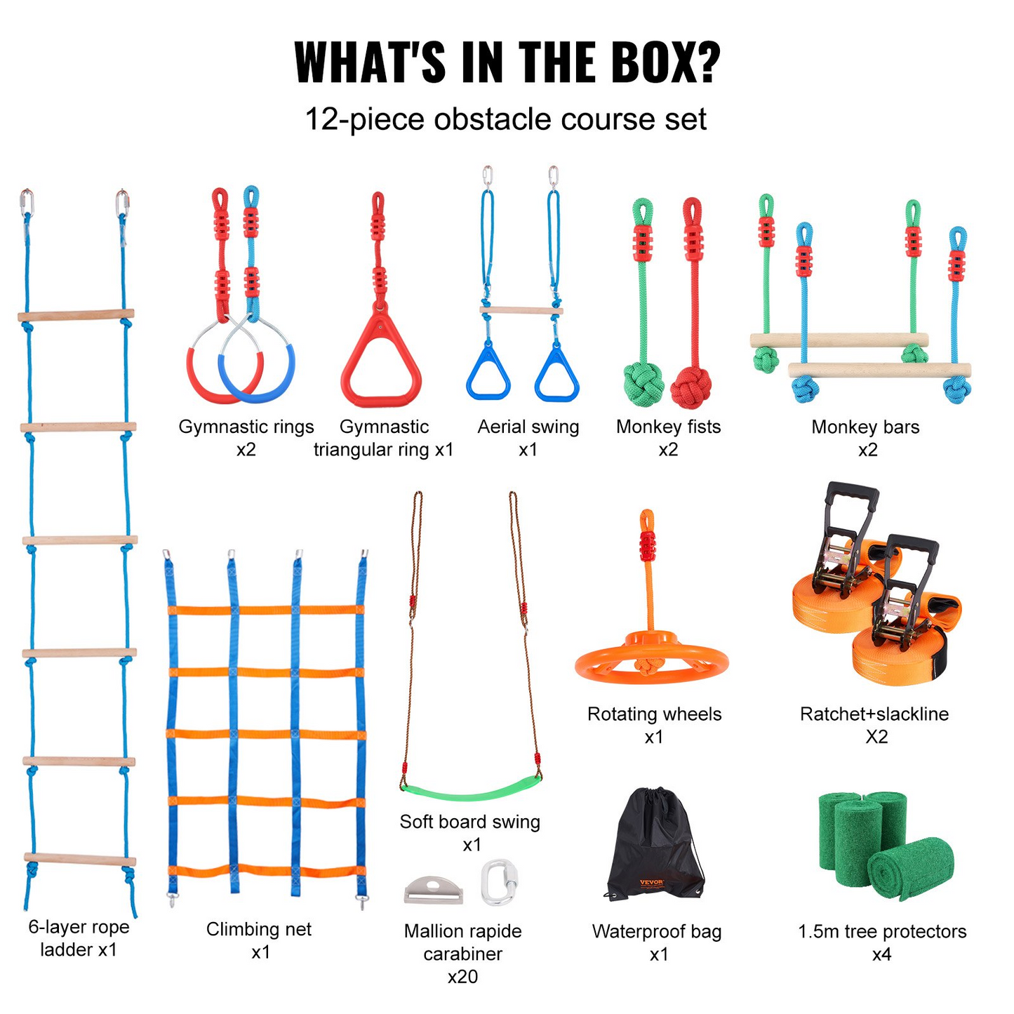 VEVOR Ninja Warrior Obstacle Course – 2x65ft Slacklines with 12 Obstacles - Navarrete Furniture