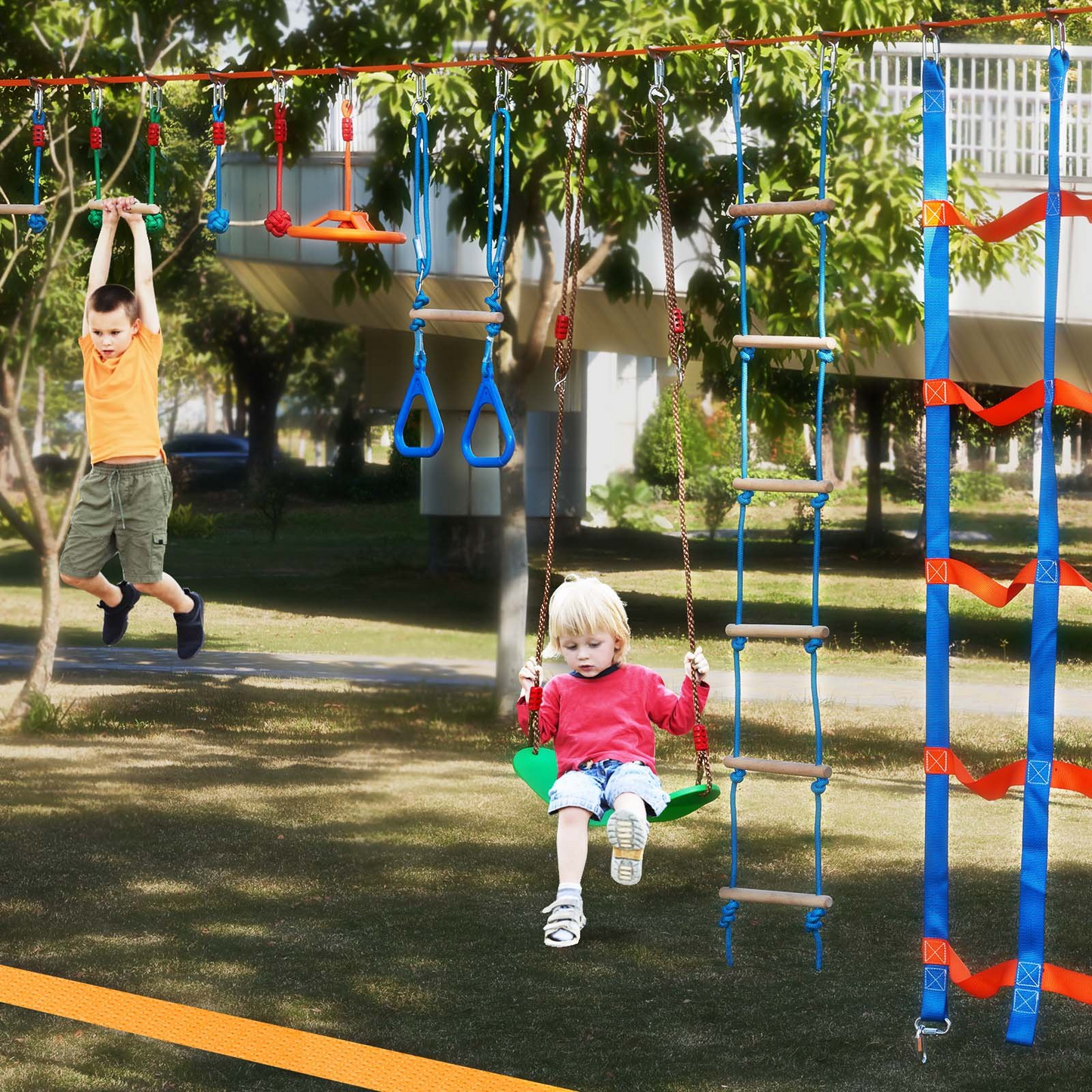 VEVOR Ninja Warrior Obstacle Course – 2x65ft Slacklines with 12 Obstacles - Navarrete Furniture
