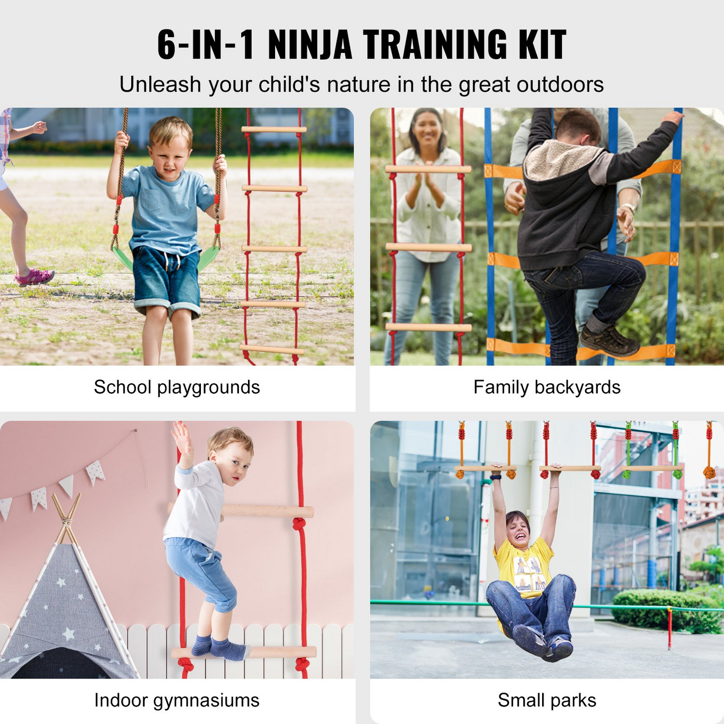 VEVOR Ninja Warrior Obstacle Course for Kids, 50 ft Weatherproof Slacklines, 500lbs Weight Capacity Monkey Line, Outdoor Playset Equipment, Backyard Toys Training Equipment Set with 10 Obstacles