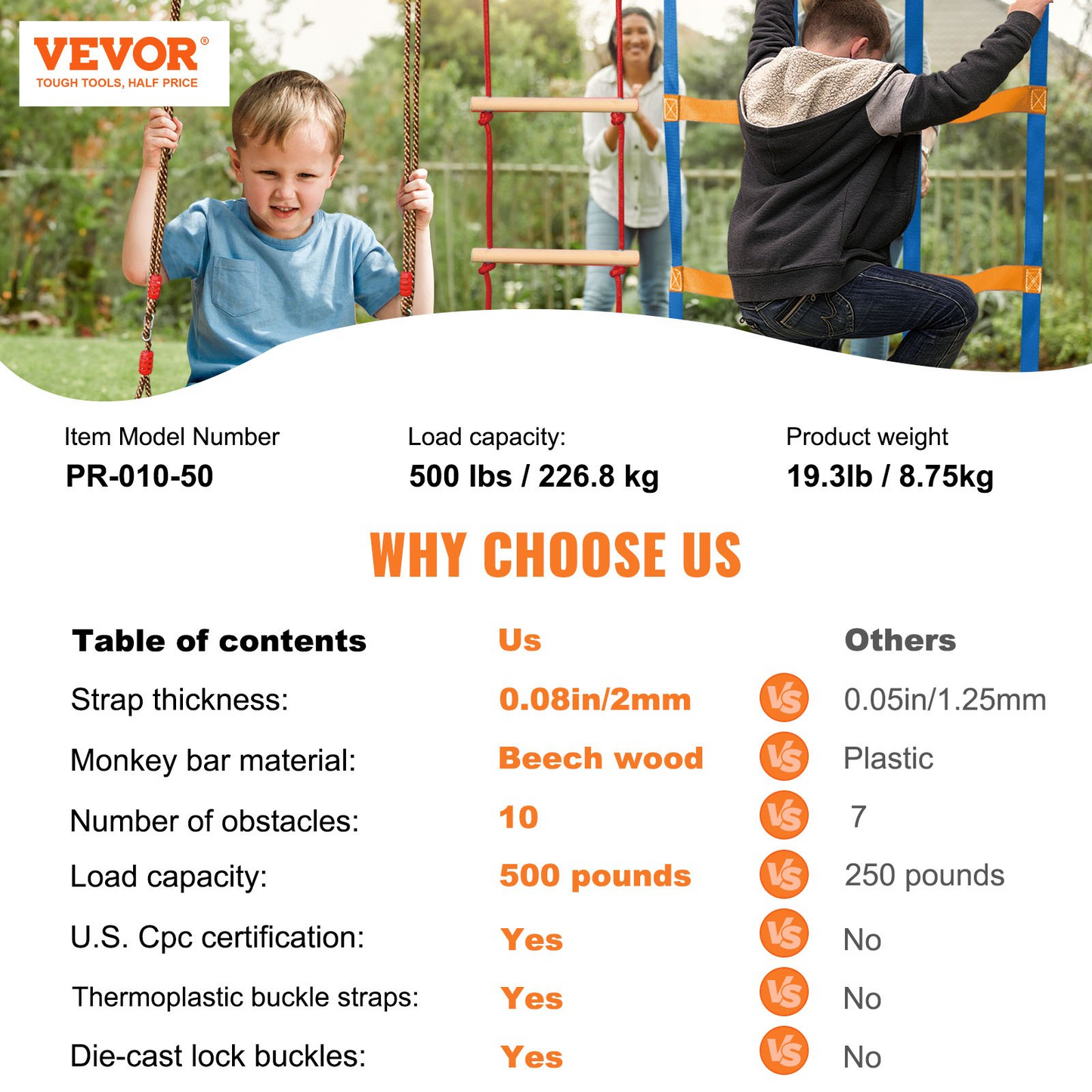 VEVOR Ninja Warrior Obstacle Course for Kids, 50 ft Weatherproof Slacklines, 500lbs Weight Capacity Monkey Line, Outdoor Playset Equipment, Backyard Toys Training Equipment Set with 10 Obstacles