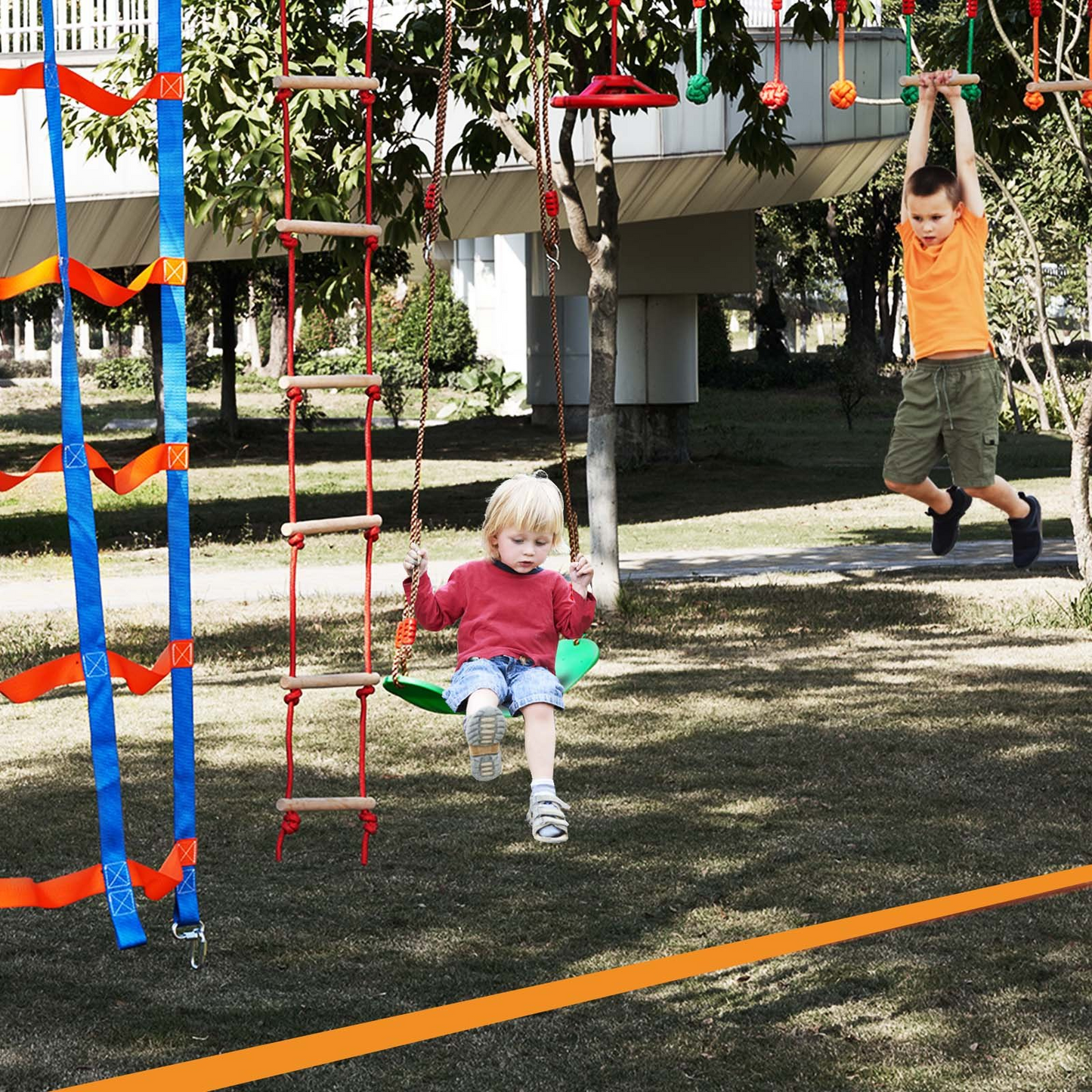VEVOR Ninja Warrior Obstacle Course for Kids, 50 ft Weatherproof Slacklines, 500lbs Weight Capacity Monkey Line, Outdoor Playset Equipment, Backyard Toys Training Equipment Set with 10 Obstacles