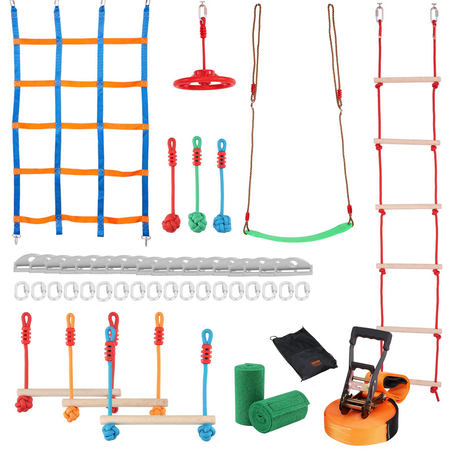 VEVOR Ninja Warrior Obstacle Course for Kids, 50 ft Weatherproof Slacklines, 500lbs Weight Capacity Monkey Line, Outdoor Playset Equipment, Backyard Toys Training Equipment Set with 10 Obstacles