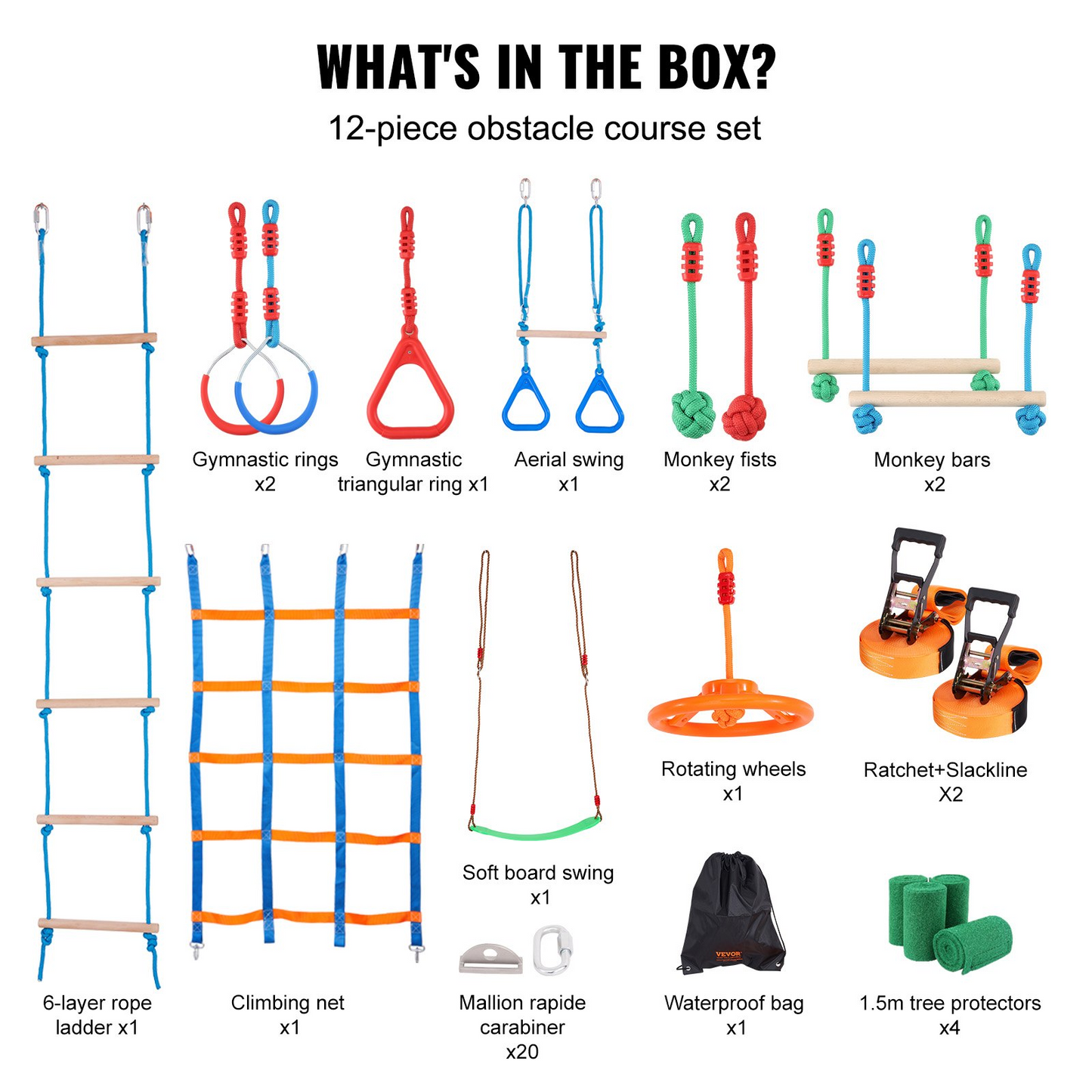 VEVOR Ninja Warrior Obstacle Course for Kids, 2 x 50 ft Weatherproof Slacklines, 500lbs Weight Capacity Monkey Line, Outdoor Playset Equipment, Backyard Toys Training Equipment Set with 12 Obstacles