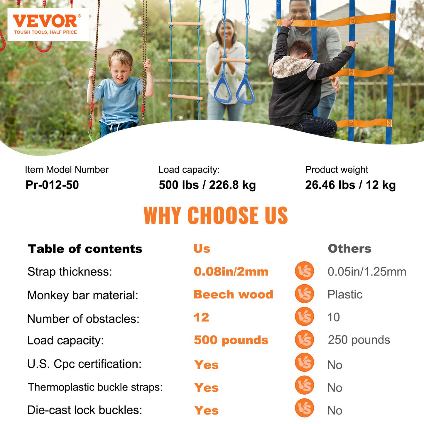 VEVOR Ninja Warrior Obstacle Course for Kids, 2 x 50 ft Weatherproof Slacklines, 500lbs Weight Capacity Monkey Line, Outdoor Playset Equipment, Backyard Toys Training Equipment Set with 12 Obstacles