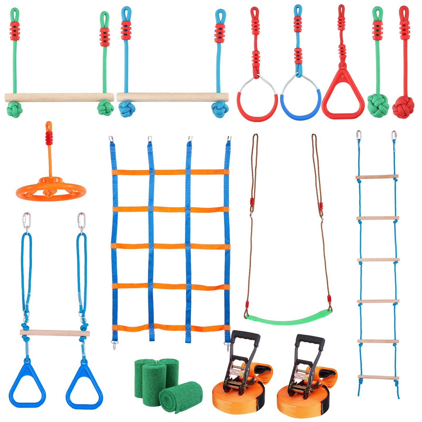 VEVOR Ninja Warrior Obstacle Course for Kids, 2 x 50 ft Weatherproof Slacklines, 500lbs Weight Capacity Monkey Line, Outdoor Playset Equipment, Backyard Toys Training Equipment Set with 12 Obstacles