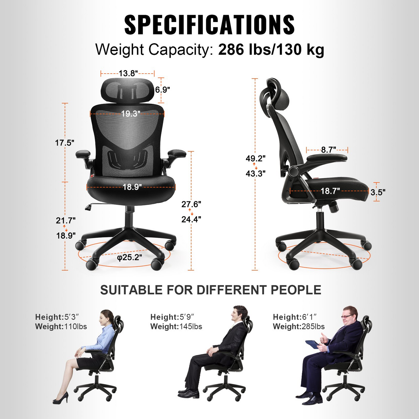 VEVOR Office Chair with Adjustable Lumbar Support, High Back Ergonomic Desk Chair with Adjustable Headrest, Ergonomic Office Chair Backrest with 2D Armrest, Computer Chair for Home, Office - Navarrete Furniture