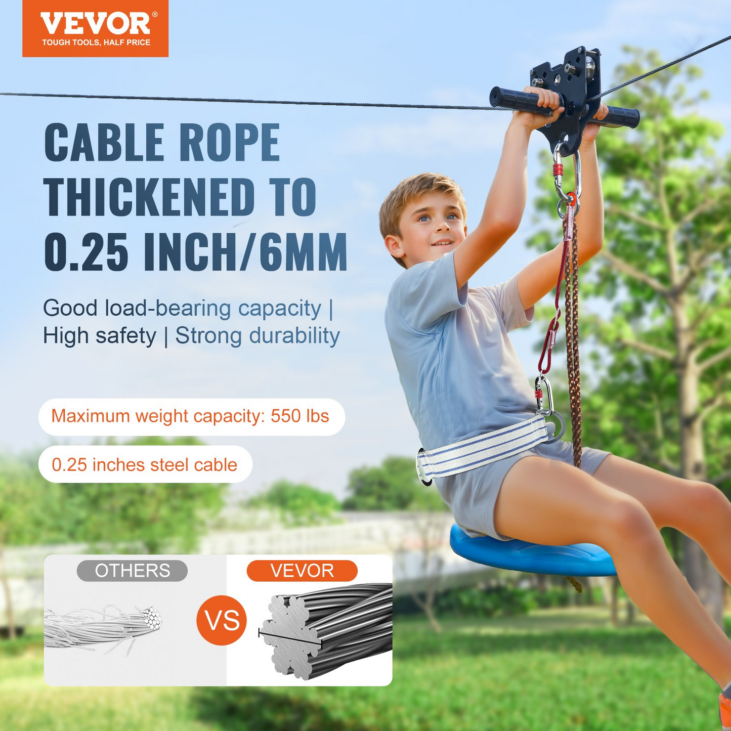 VEVOR Zipline Kit for Kids and Adult, 60 ft Zip Line Kits Up to 500 lb, Backyard Outdoor Quick Setup Zipline, Playground Entertainment with Stainless Steel Zipline, Spring Brake, Safety Harness, Seat - Navarrete Furniture