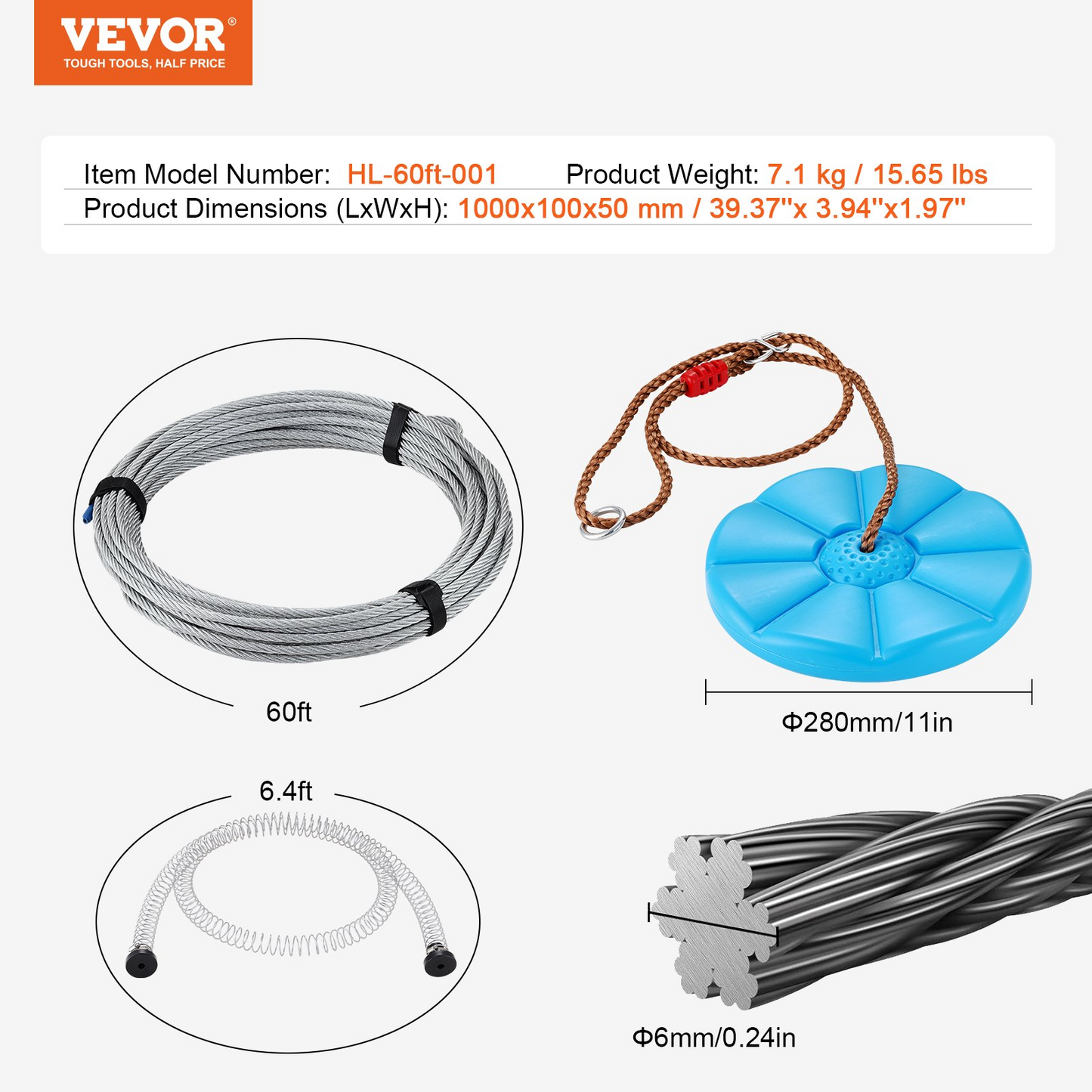 VEVOR Zipline Kit for Kids and Adult, 60 ft Zip Line Kits Up to 500 lb, Backyard Outdoor Quick Setup Zipline, Playground Entertainment with Stainless Steel Zipline, Spring Brake, Safety Harness, Seat - Navarrete Furniture