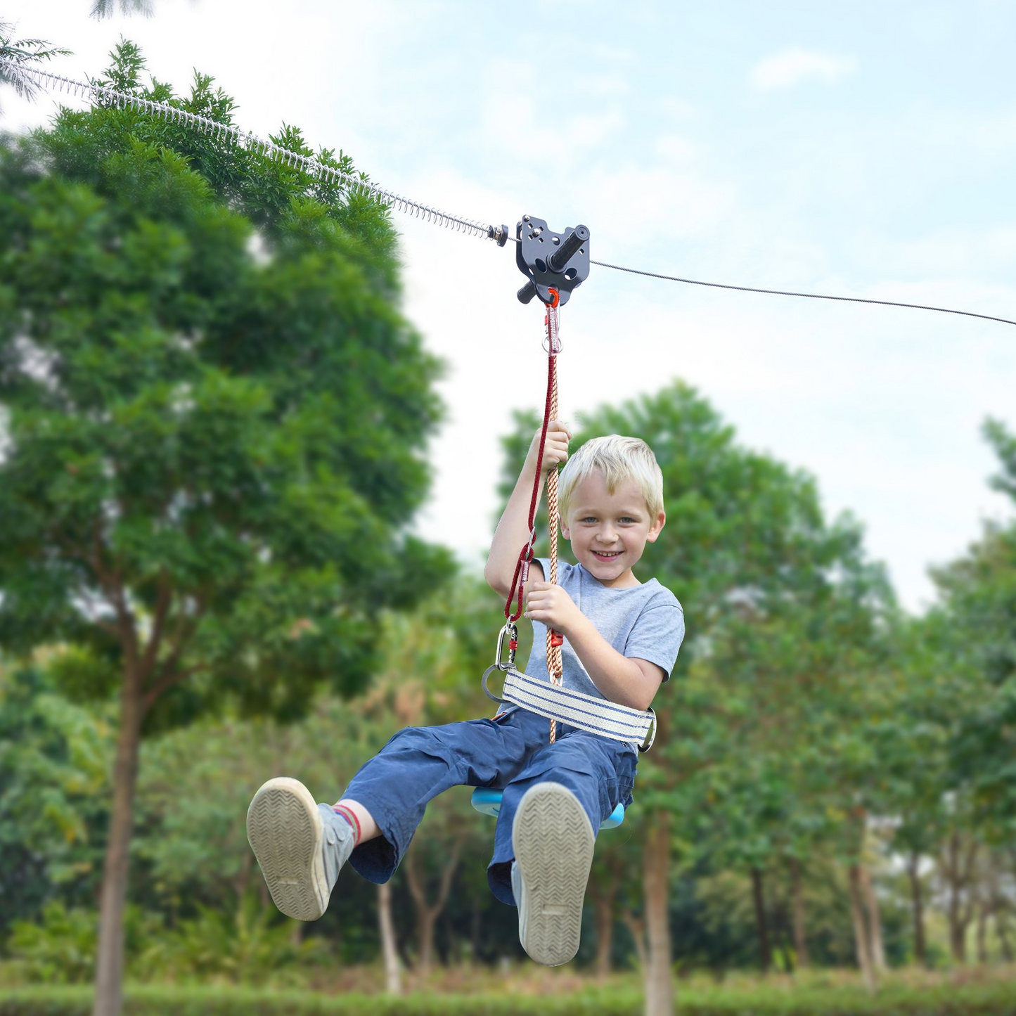 VEVOR Zipline Kit for Kids and Adult, 60 ft Zip Line Kits Up to 500 lb, Backyard Outdoor Quick Setup Zipline, Playground Entertainment with Stainless Steel Zipline, Spring Brake, Safety Harness, Seat - Navarrete Furniture