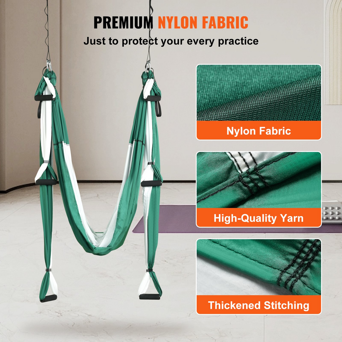 VEVOR Aerial Yoga Swing Set, 2.7 Yards Yoga Hammock Hanging Swing Aerial Sling Inversion Fly Kit Trapeze Inversion Equipment with Ceiling Mount Accessories, Max 661.38 lbs Load Capacity, Green/White - Navarrete Furniture