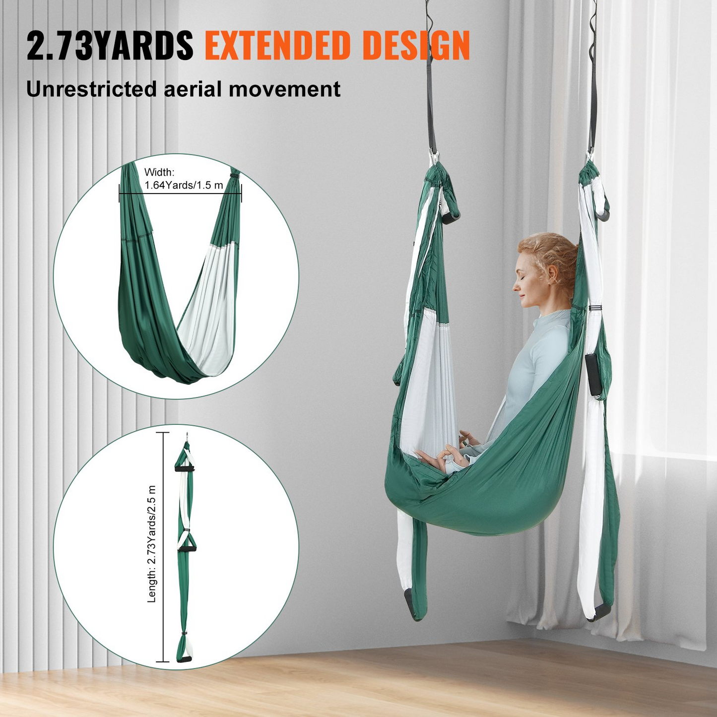 VEVOR Aerial Yoga Swing Set, 2.7 Yards Yoga Hammock Hanging Swing Aerial Sling Inversion Fly Kit Trapeze Inversion Equipment with Ceiling Mount Accessories, Max 661.38 lbs Load Capacity, Green/White - Navarrete Furniture