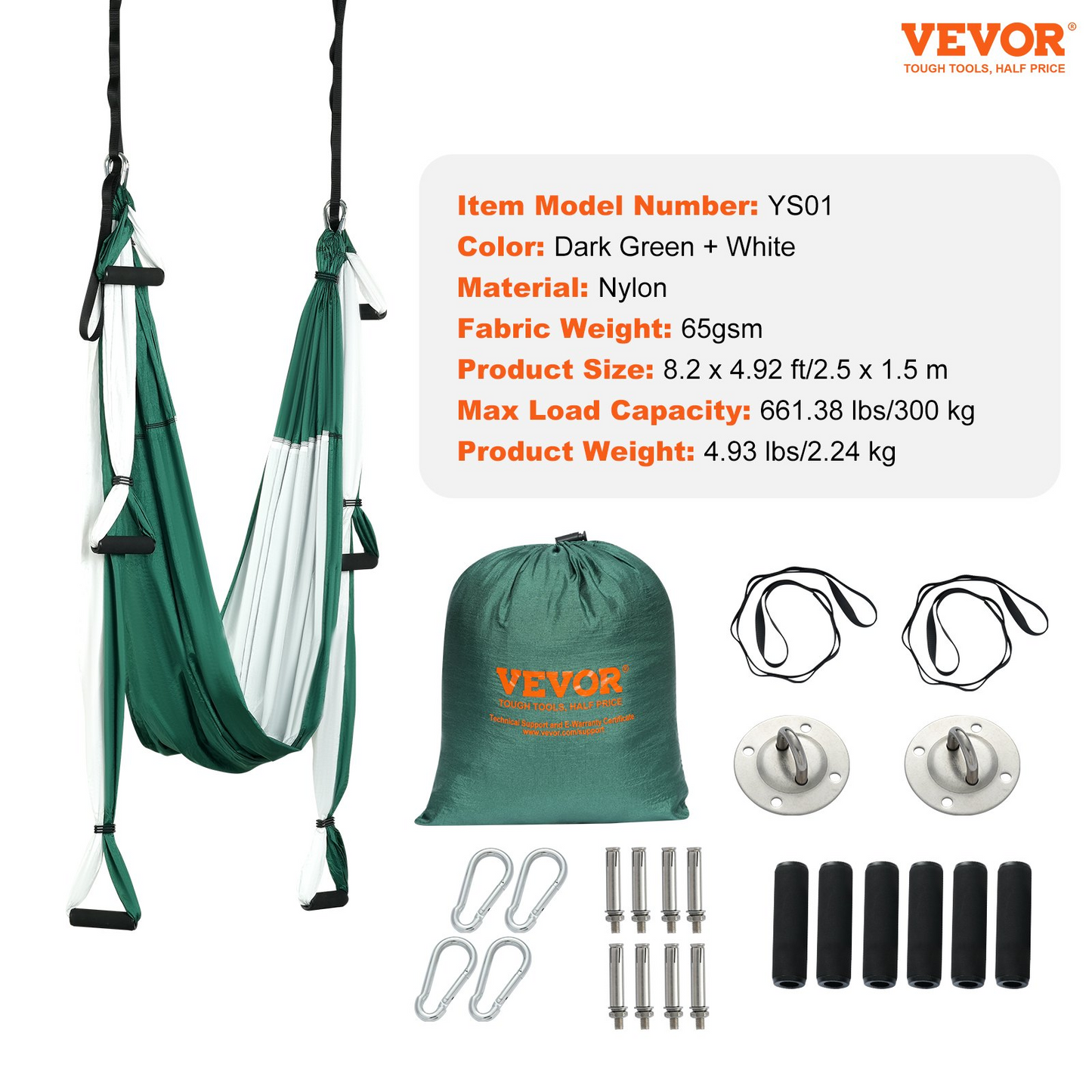 VEVOR Aerial Yoga Swing Set, 2.7 Yards Yoga Hammock Hanging Swing Aerial Sling Inversion Fly Kit Trapeze Inversion Equipment with Ceiling Mount Accessories, Max 661.38 lbs Load Capacity, Green/White - Navarrete Furniture