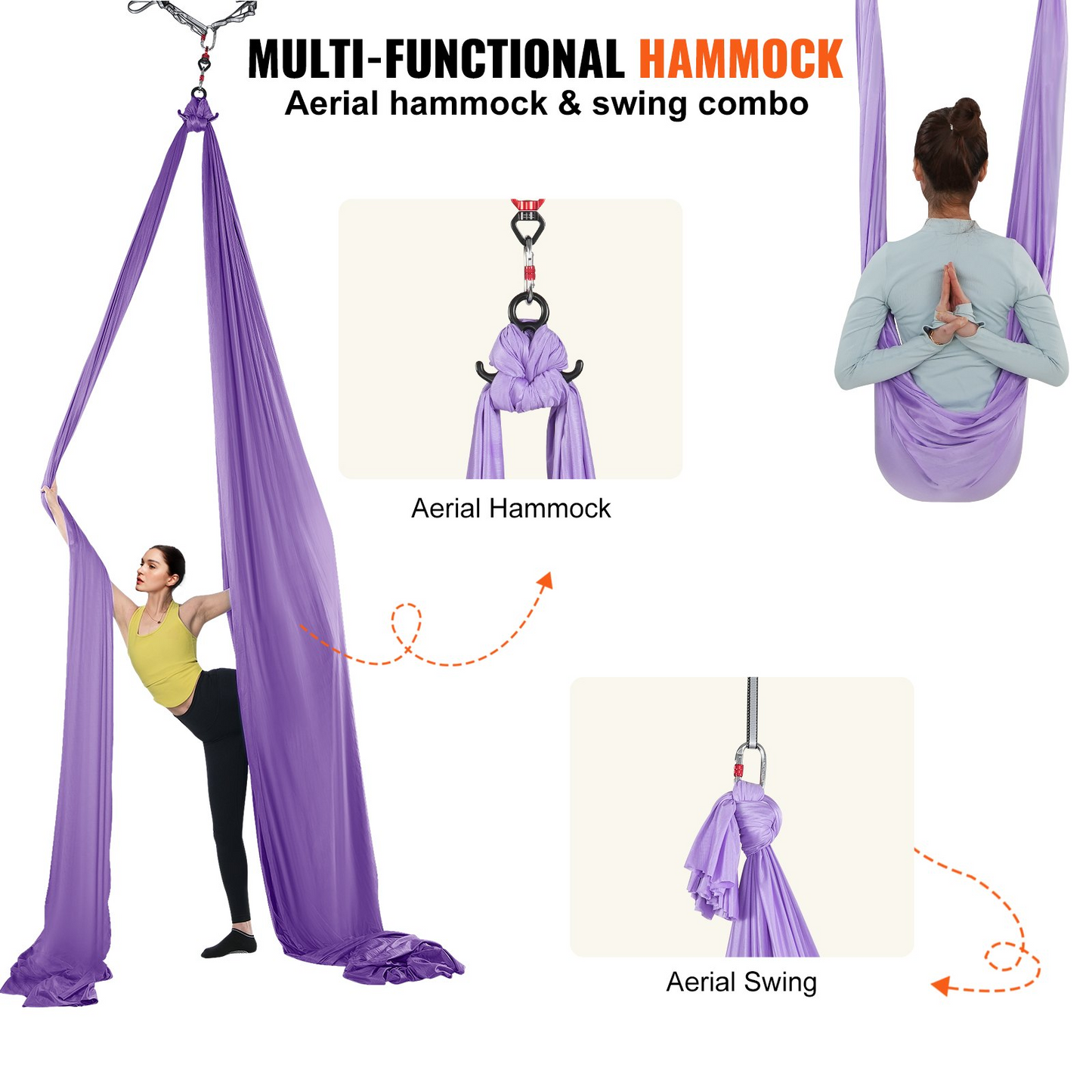 VEVOR Aerial Yoga Hammock & Swing, 4.4 Yards, Yoga Starter Kit with 100gsm Nylon Fabric, Full Rigging Hardware and Easy Set-up Guide, Antigravity Flying for All Levels Fitness Bodybuilding, Purple - Navarrete Furniture