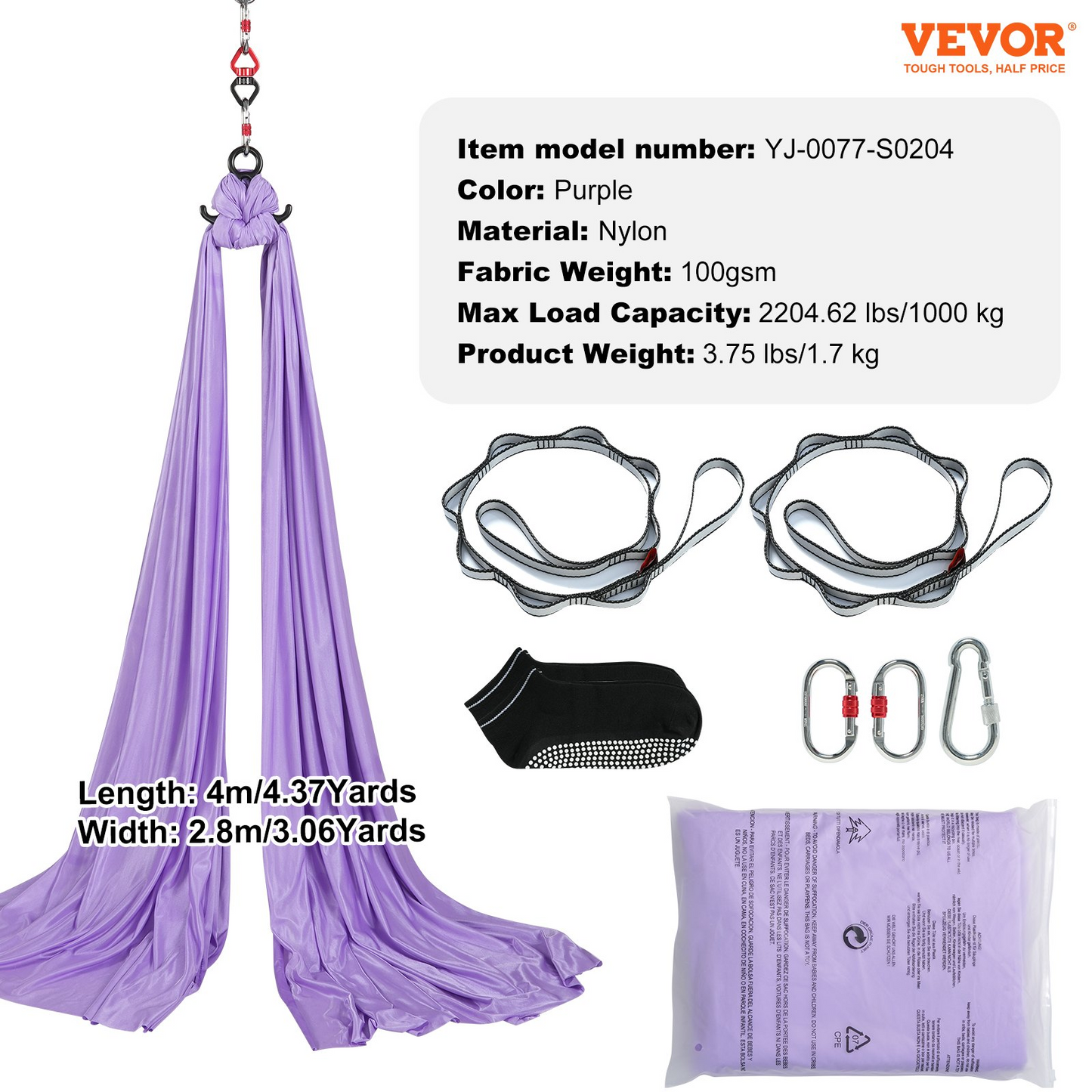 VEVOR Aerial Yoga Hammock & Swing, 4.4 Yards, Yoga Starter Kit with 100gsm Nylon Fabric, Full Rigging Hardware and Easy Set-up Guide, Antigravity Flying for All Levels Fitness Bodybuilding, Purple - Navarrete Furniture