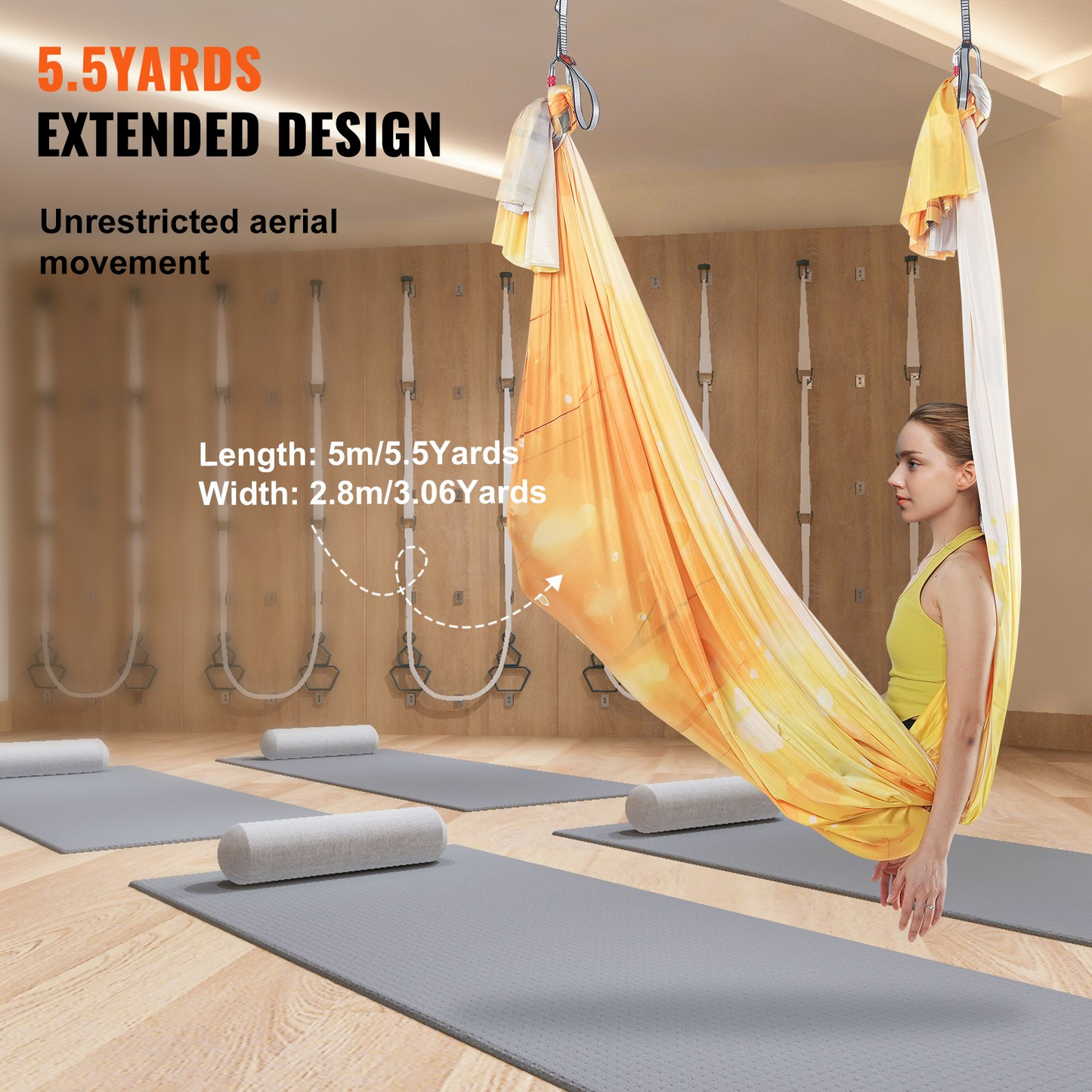 VEVOR Aerial Yoga Hammock & Swing, 5.5 Yards, Aerial Yoga Starter Kit with 100gsm Nylon Fabric, Full Rigging Hardware & Easy Set-up Guide, Antigravity Flying for All Levels Fitness Bodybuilding, Gold - Navarrete Furniture